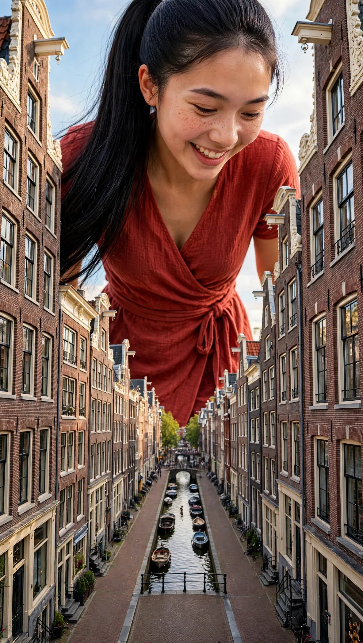Zara’s full face visible between narrow Amsterdam canal houses