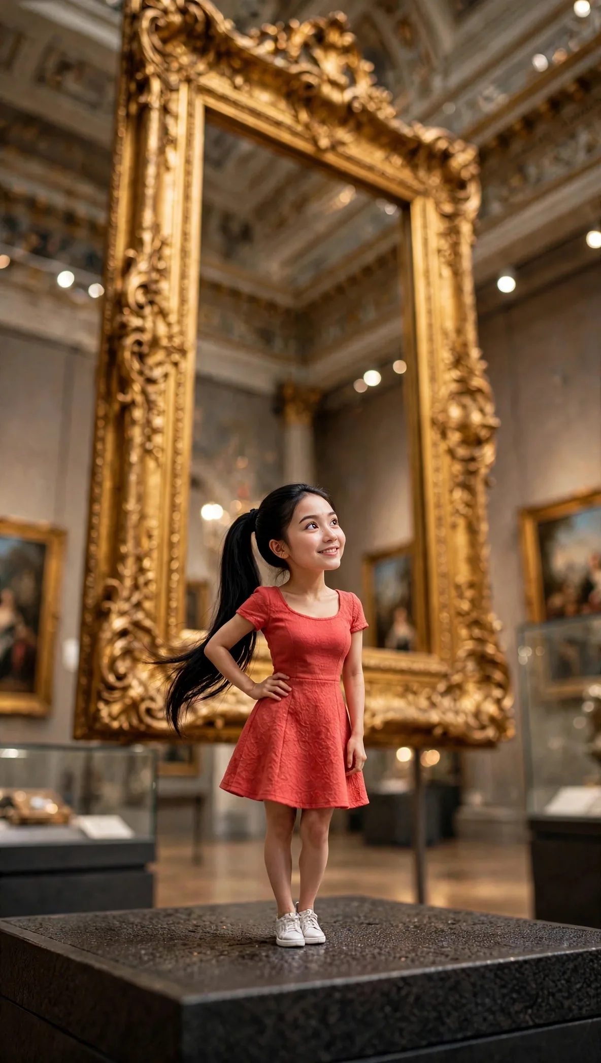 Tiny Zara, full face visible, posing in a large gold frame at the Rijksmuseum