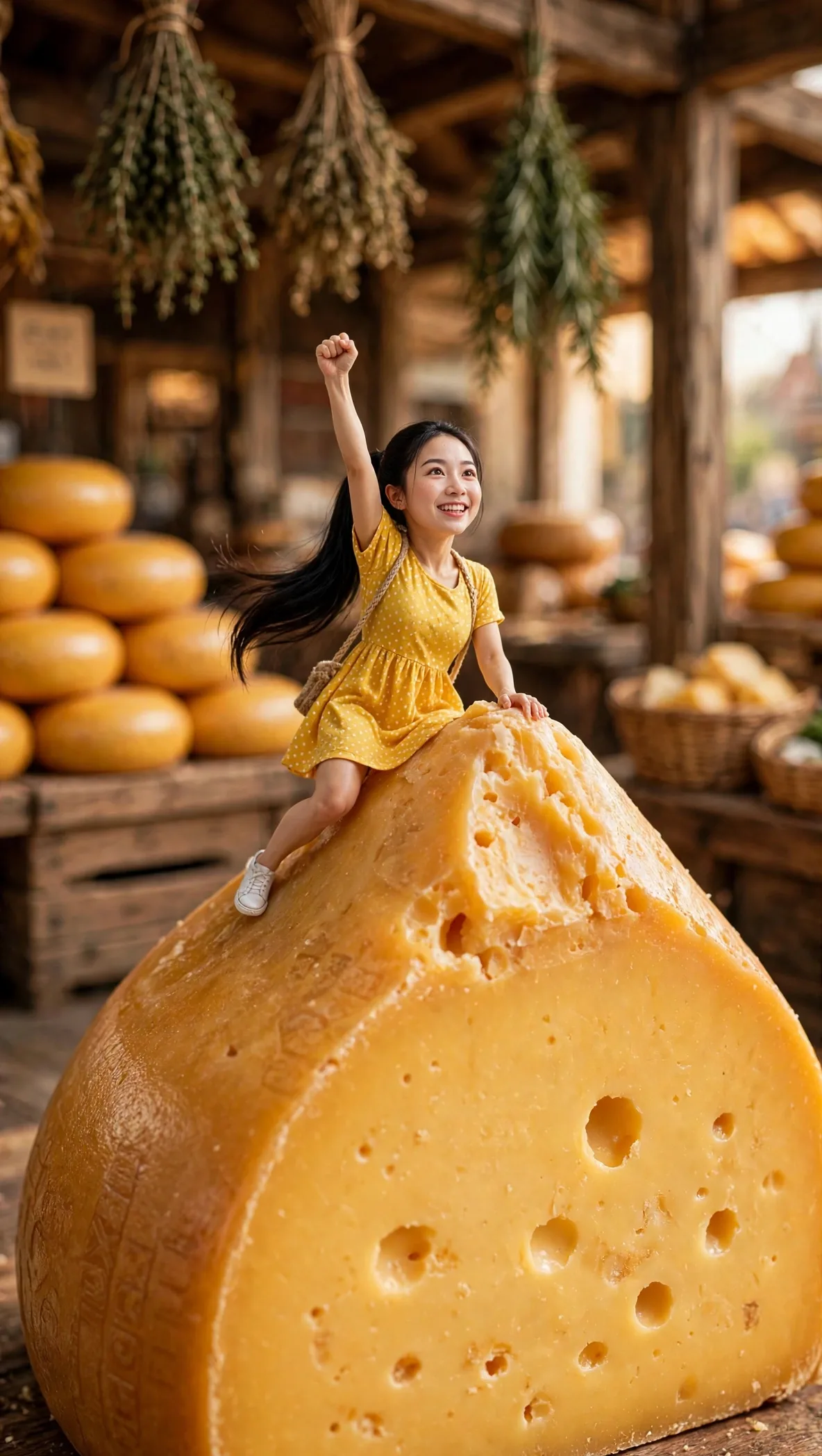 Tiny Zara, full face visible, climbing a large wedge of Dutch cheese