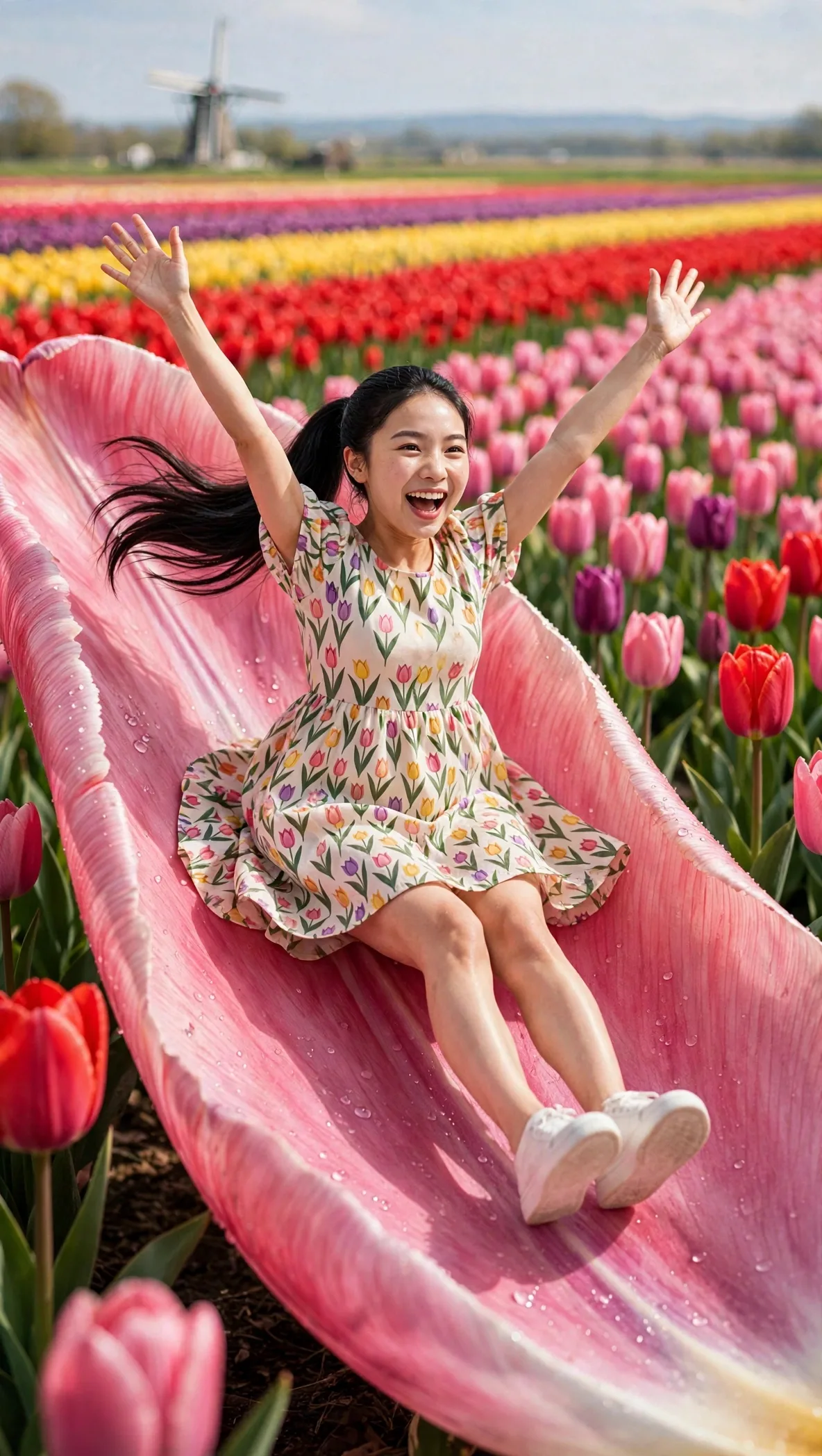 Tiny Zara with her full face visible sliding down a giant pink tulip petal