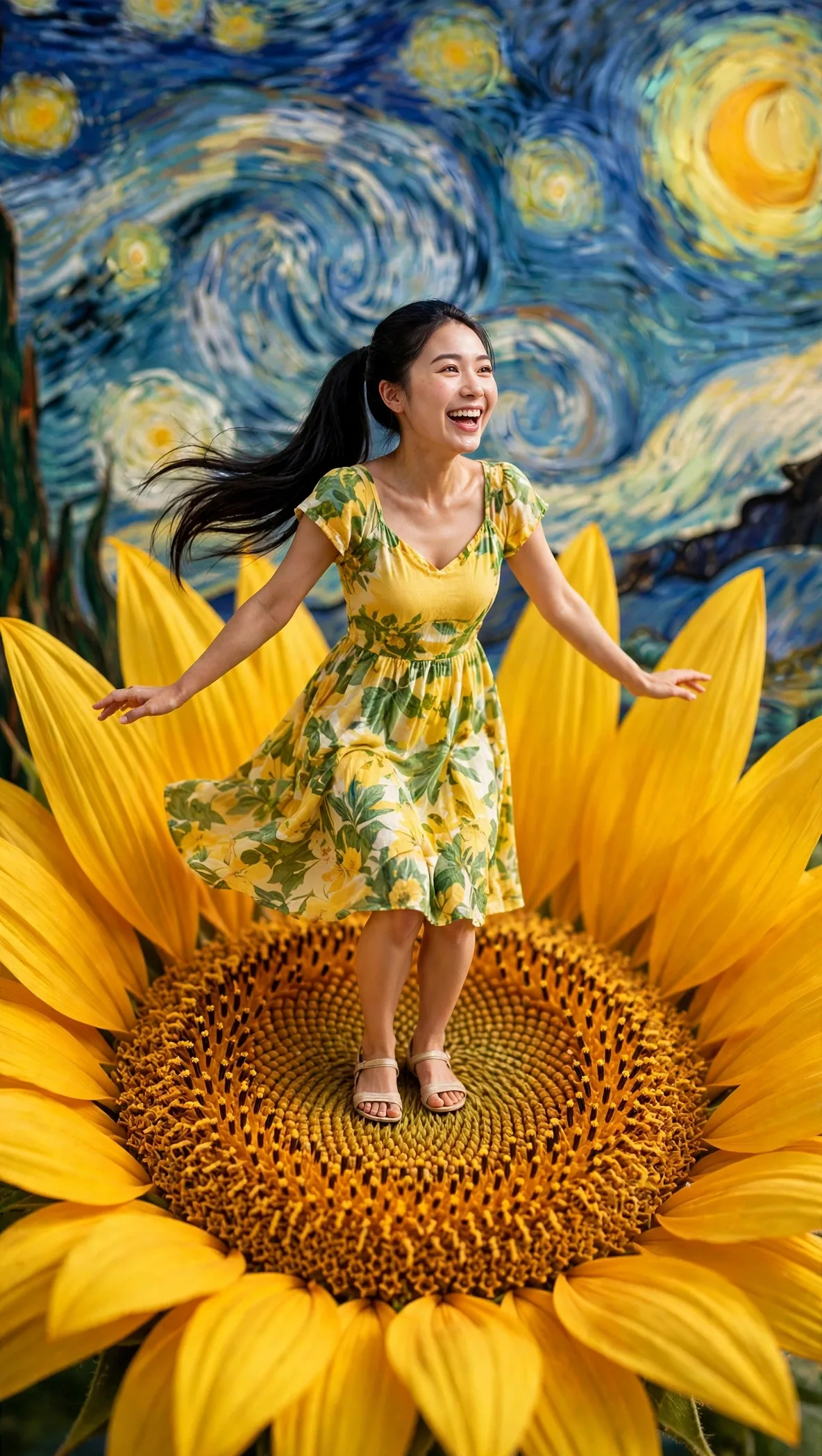 Tiny Zara with her full face visible standing on a sunflower before a swirling painted sky