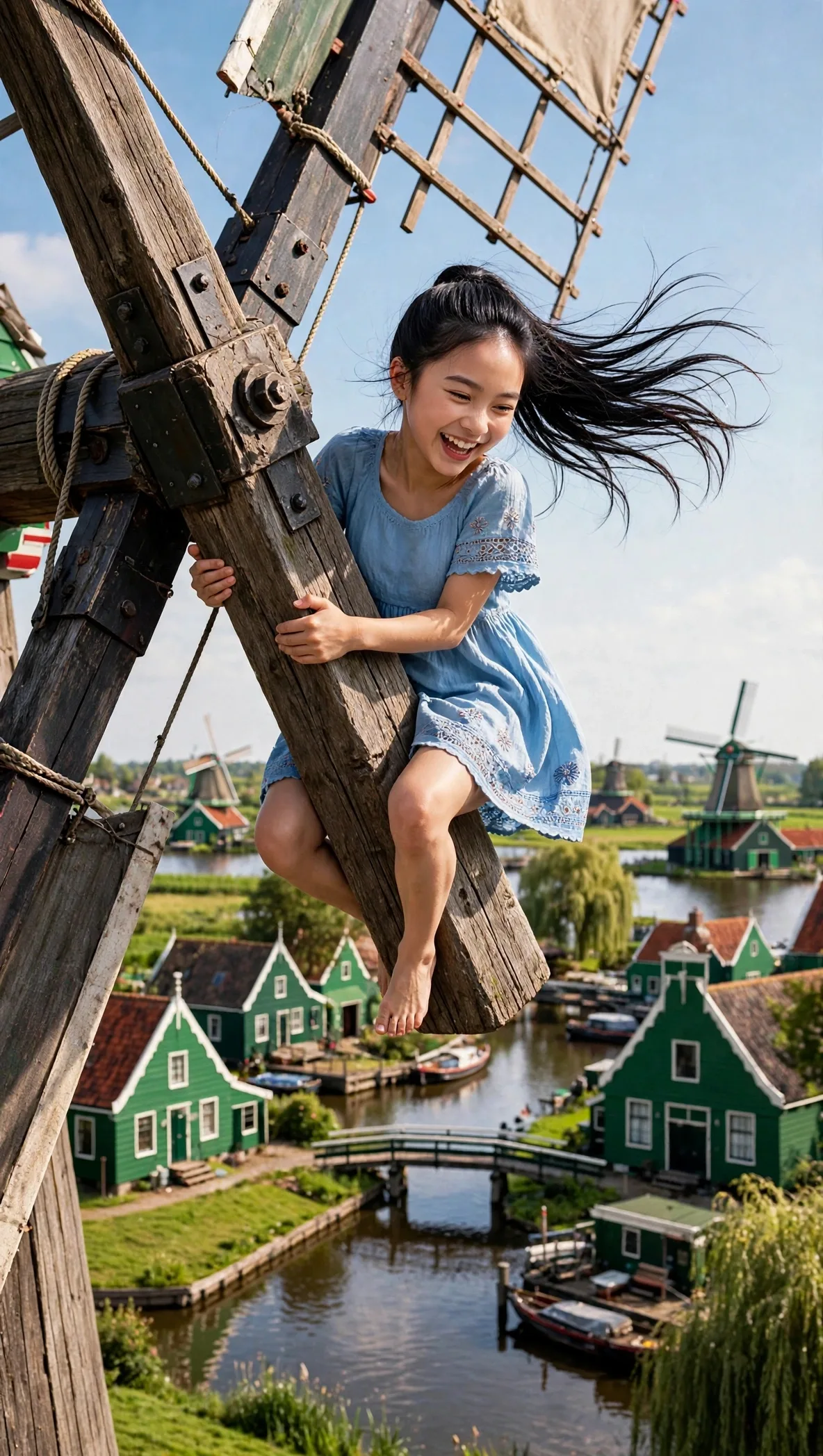 Tiny Zara with her full face visible holding a wooden windmill blade at Zaanse Schans