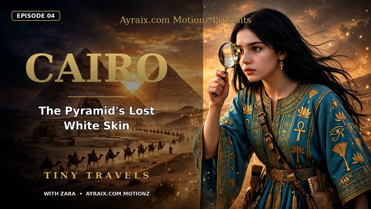Widescreen poster for Tiny Travel with Zara, Episode 4: Cairo. Zara in a turquoise embroidered galabeya holds a magnifying glass beside the Giza pyramids, the Sphinx, and a camel caravan at sunset.