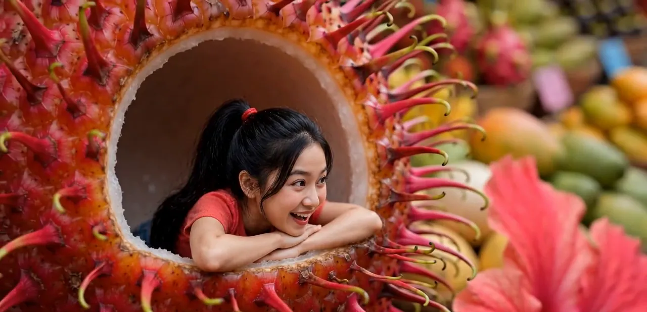 Tiny Zara peeking out of a hollow rambutan