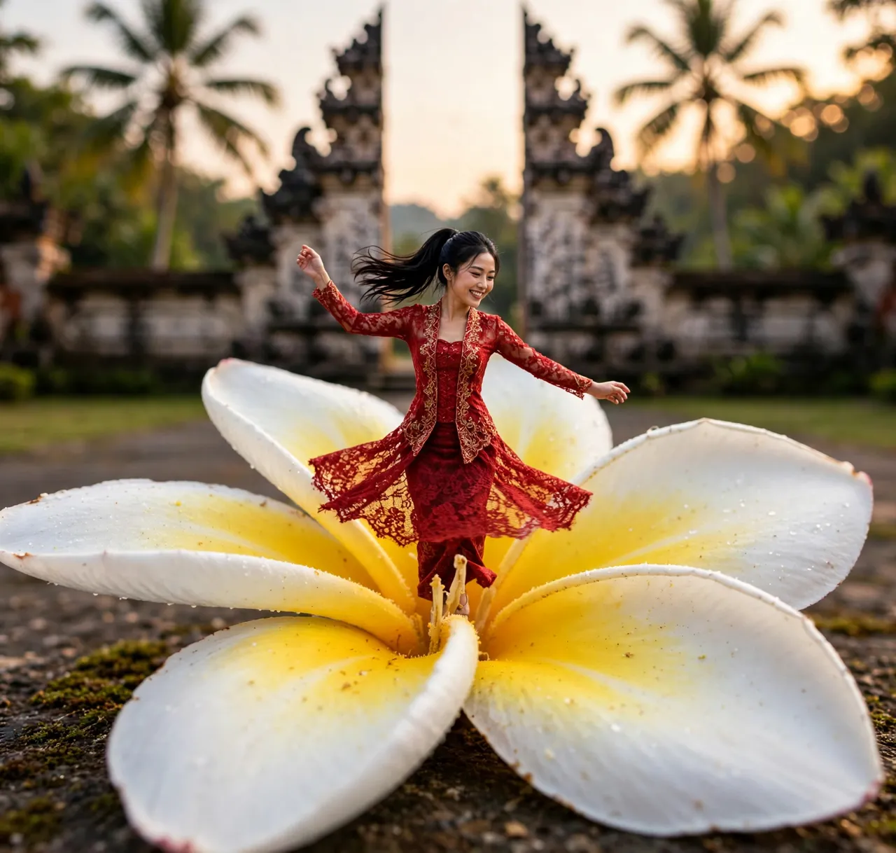 Tiny Zara in a red lace kebaya twirling on a giant frangipani flower in front of a Balinese temple gate