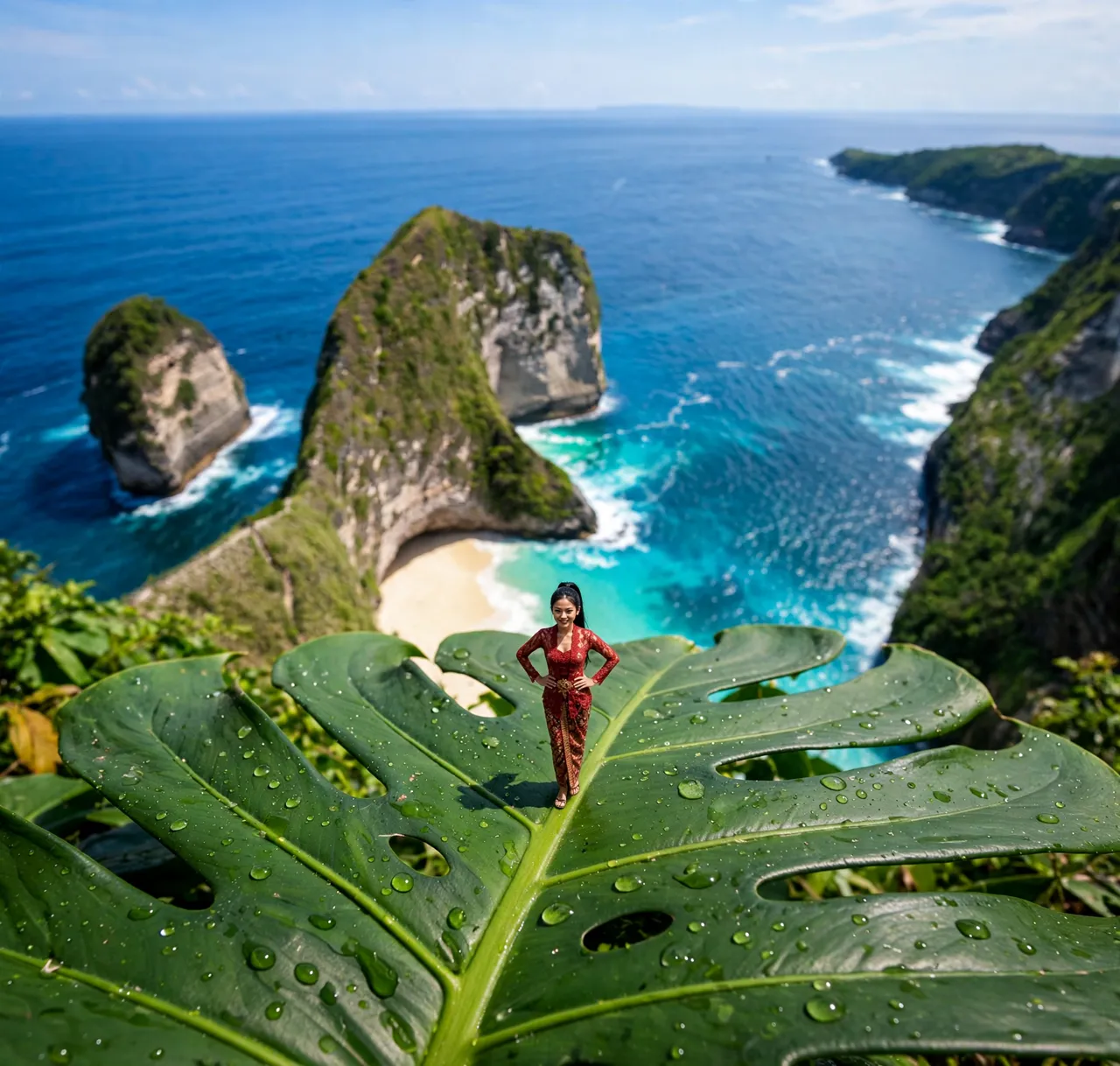 Tiny Zara on a leaf above Kelingking Beach