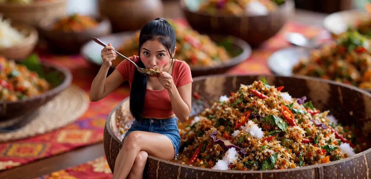 Tiny Zara eating lawar from a coconut-shell bowl