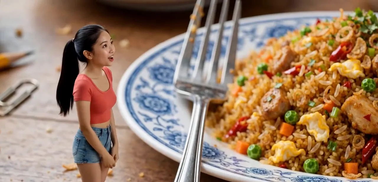 Tiny Zara beside a giant plate of nasi goreng and a fork