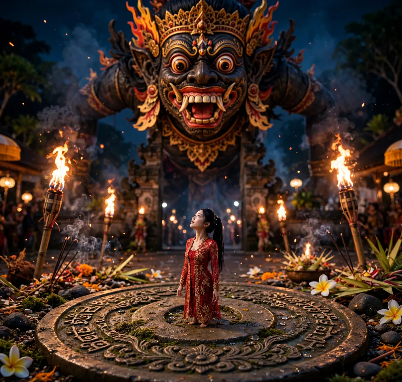 Tiny Zara gazing up at a giant Ogoh-Ogoh demon effigy at night