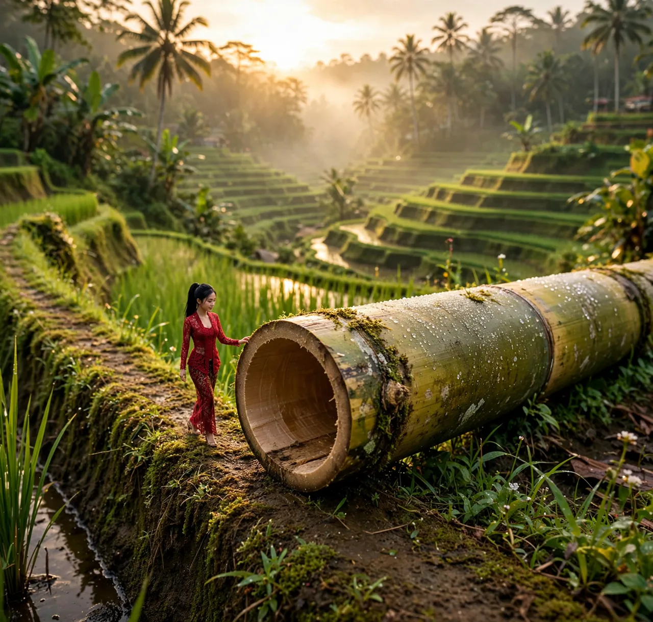 Tiny Zara on the Tegallalang rice terraces beside a bamboo pipe at sunrise