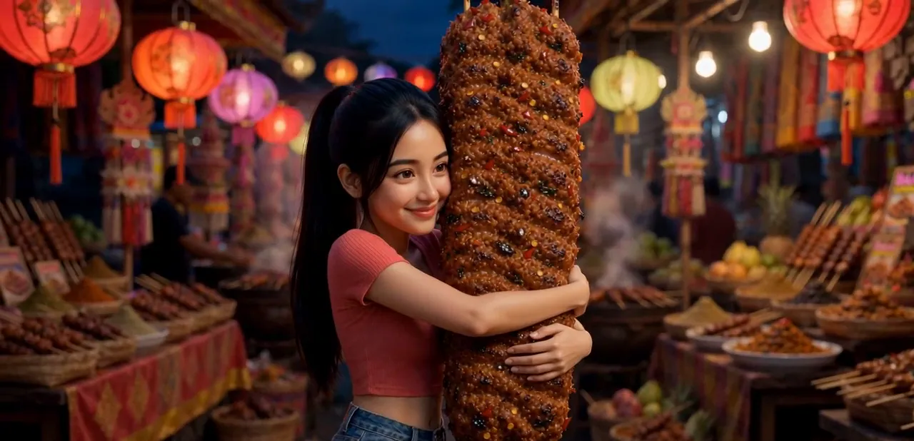 Tiny Zara hugging a sate lilit skewer taller than she is at a night market