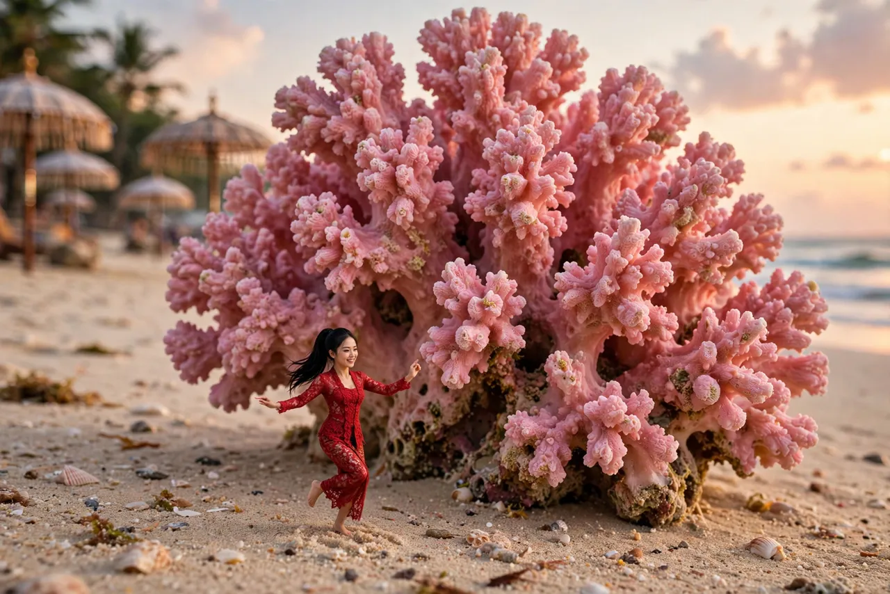 Tiny Zara beside a giant pink coral on Seminyak Beach