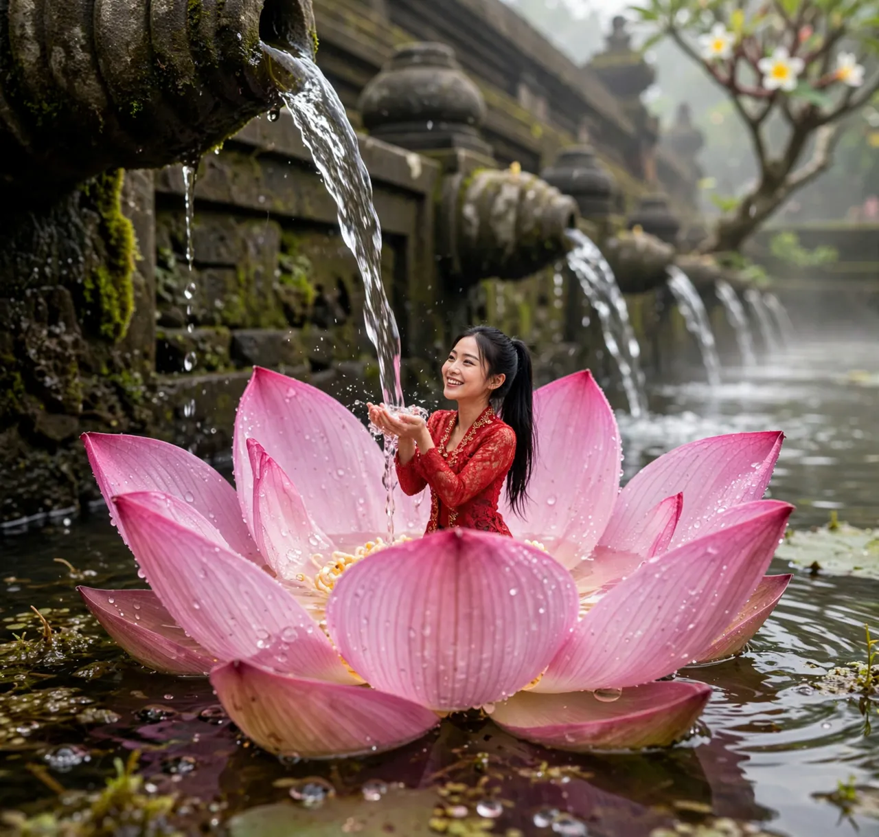 Tiny Zara on a lotus flower at the Tirta Empul springs