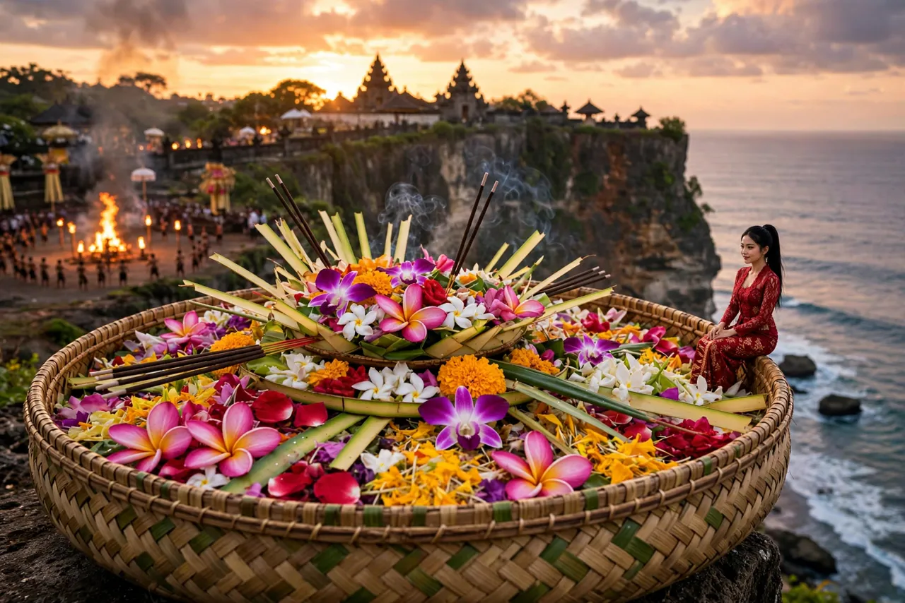 Tiny Zara beside a basket of flowers on the Uluwatu cliffs