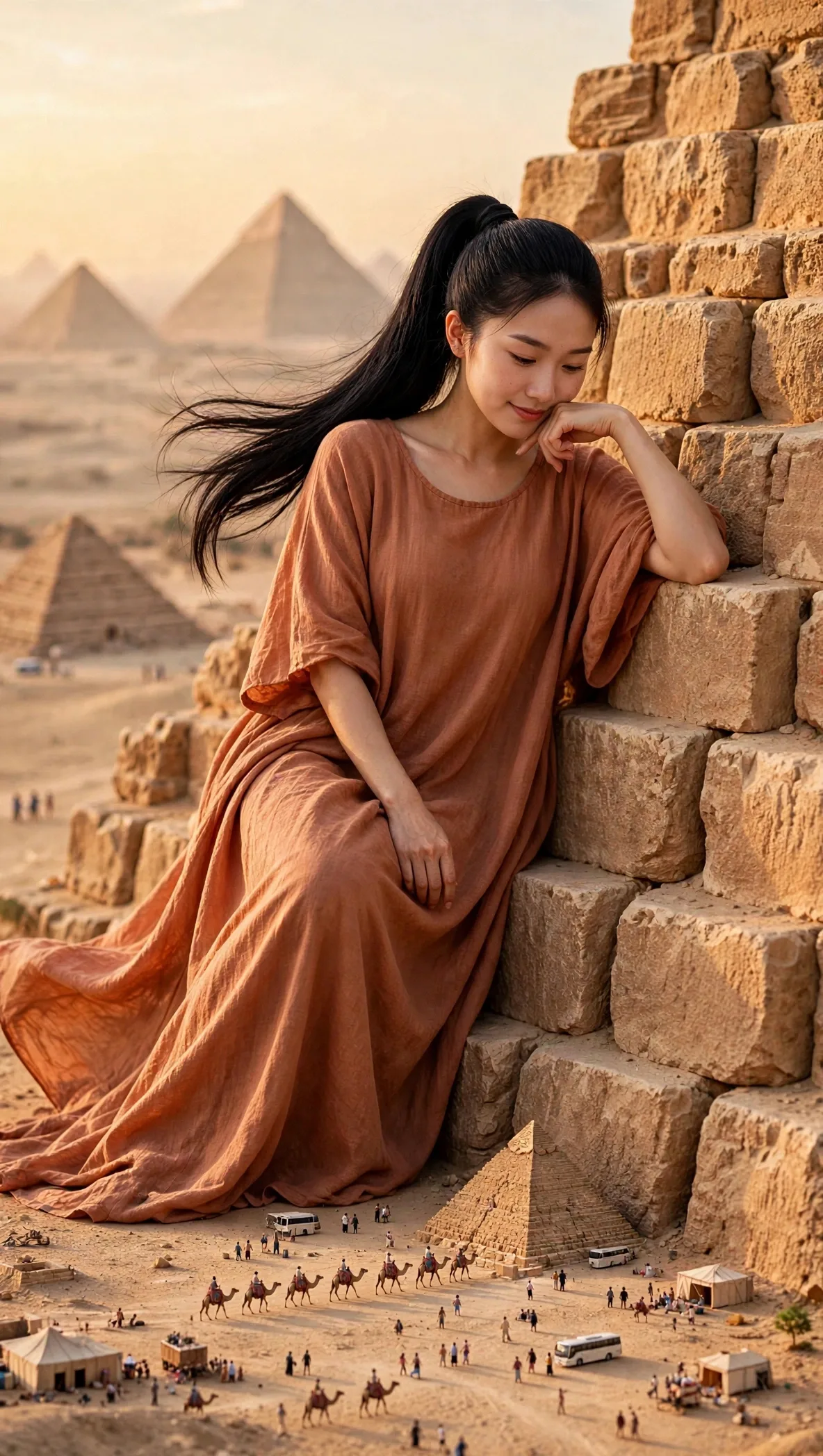 Zara resting on enormous pyramid stones with her full face visible and the Giza pyramids behind her