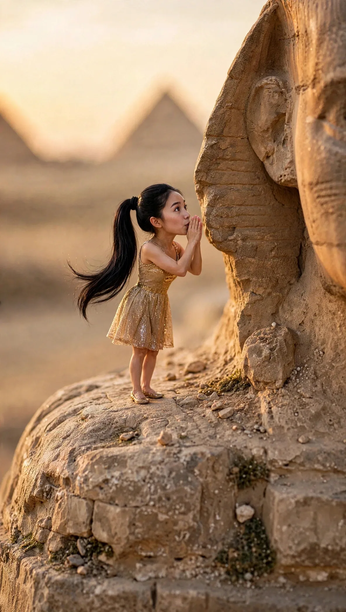 Zara beside the Great Sphinx with her full face visible