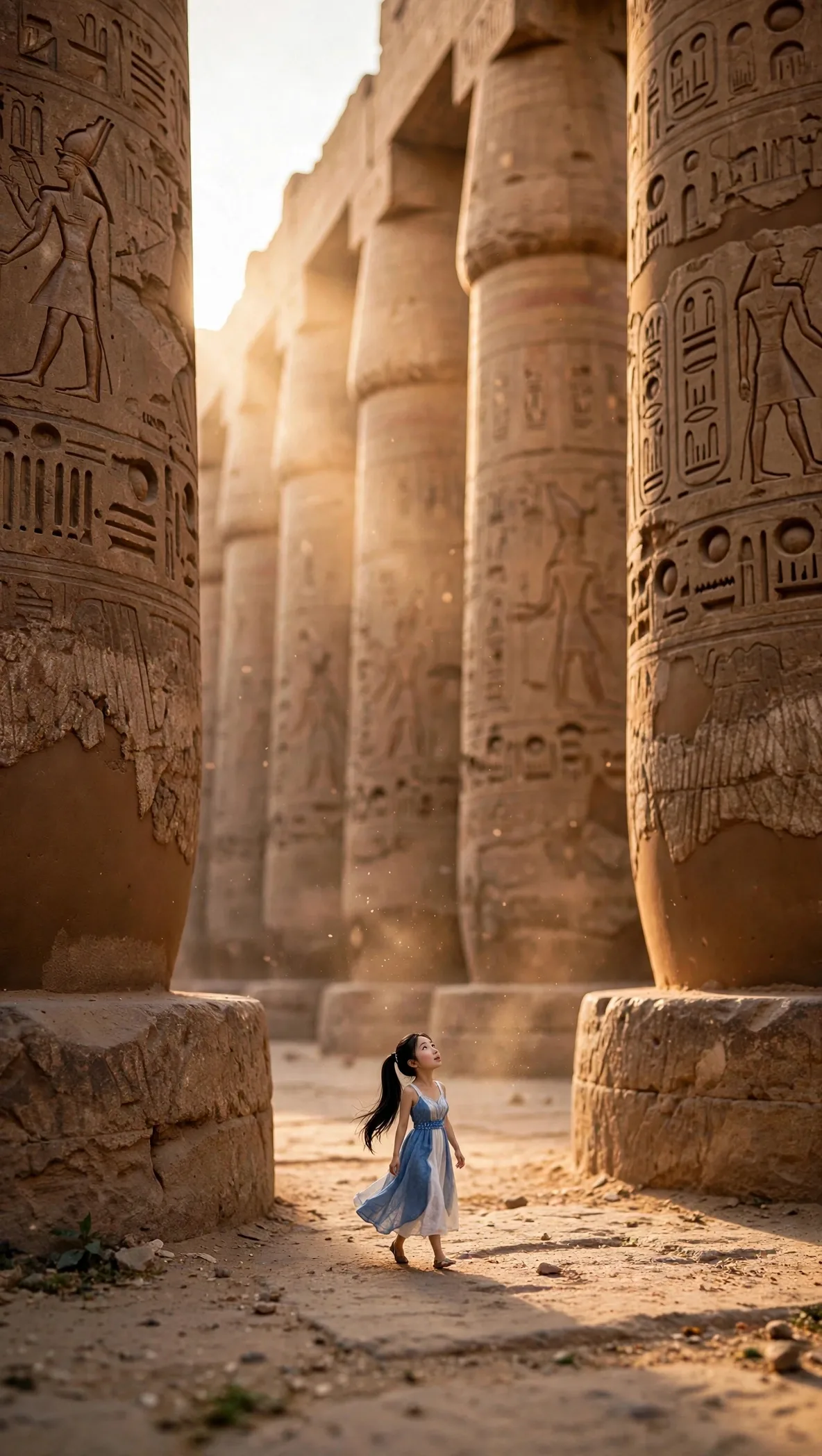 Zara walking between towering Luxor Temple columns with her full face visible