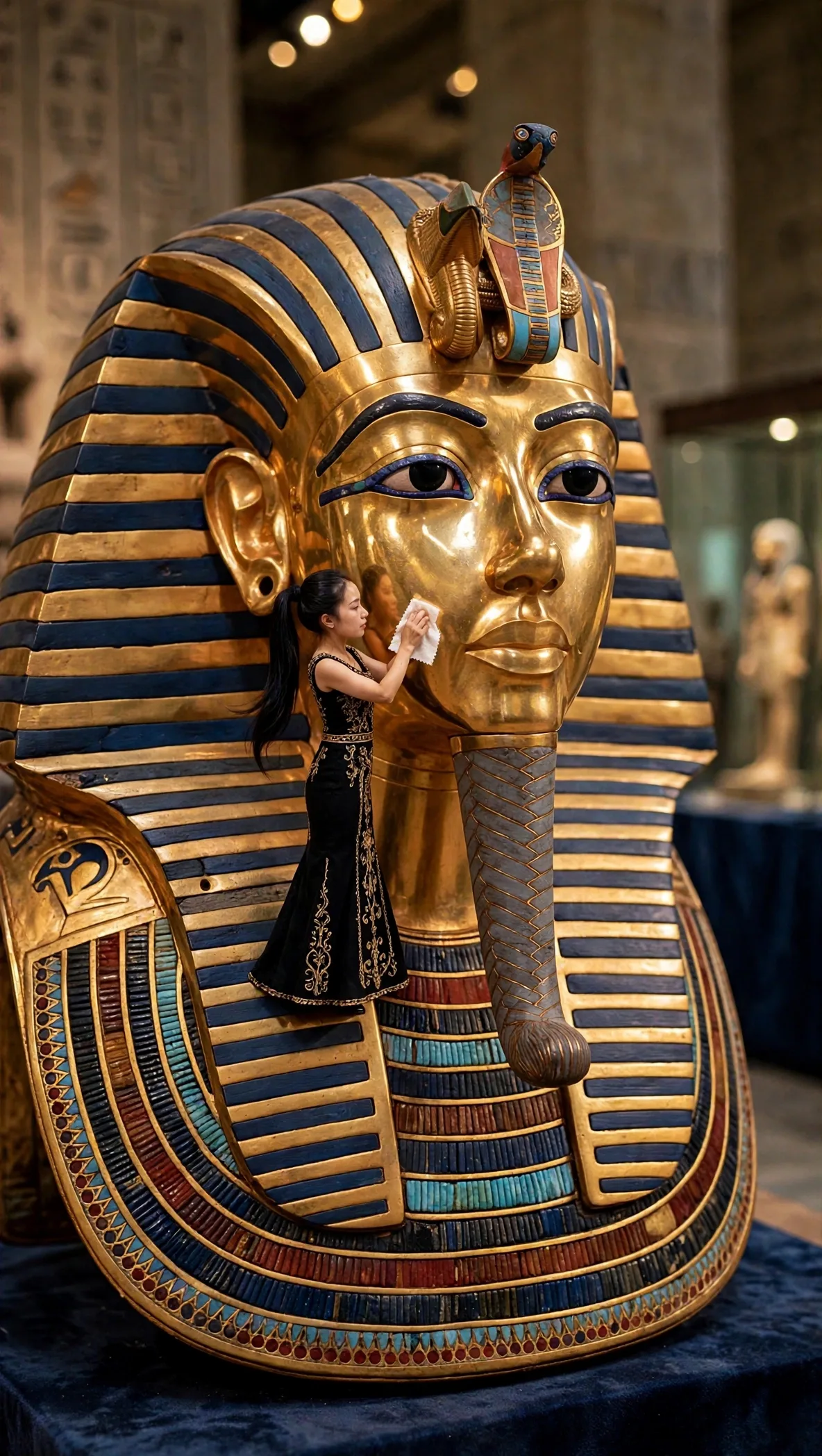 Zara carefully polishing a giant golden pharaoh mask with her full face in view