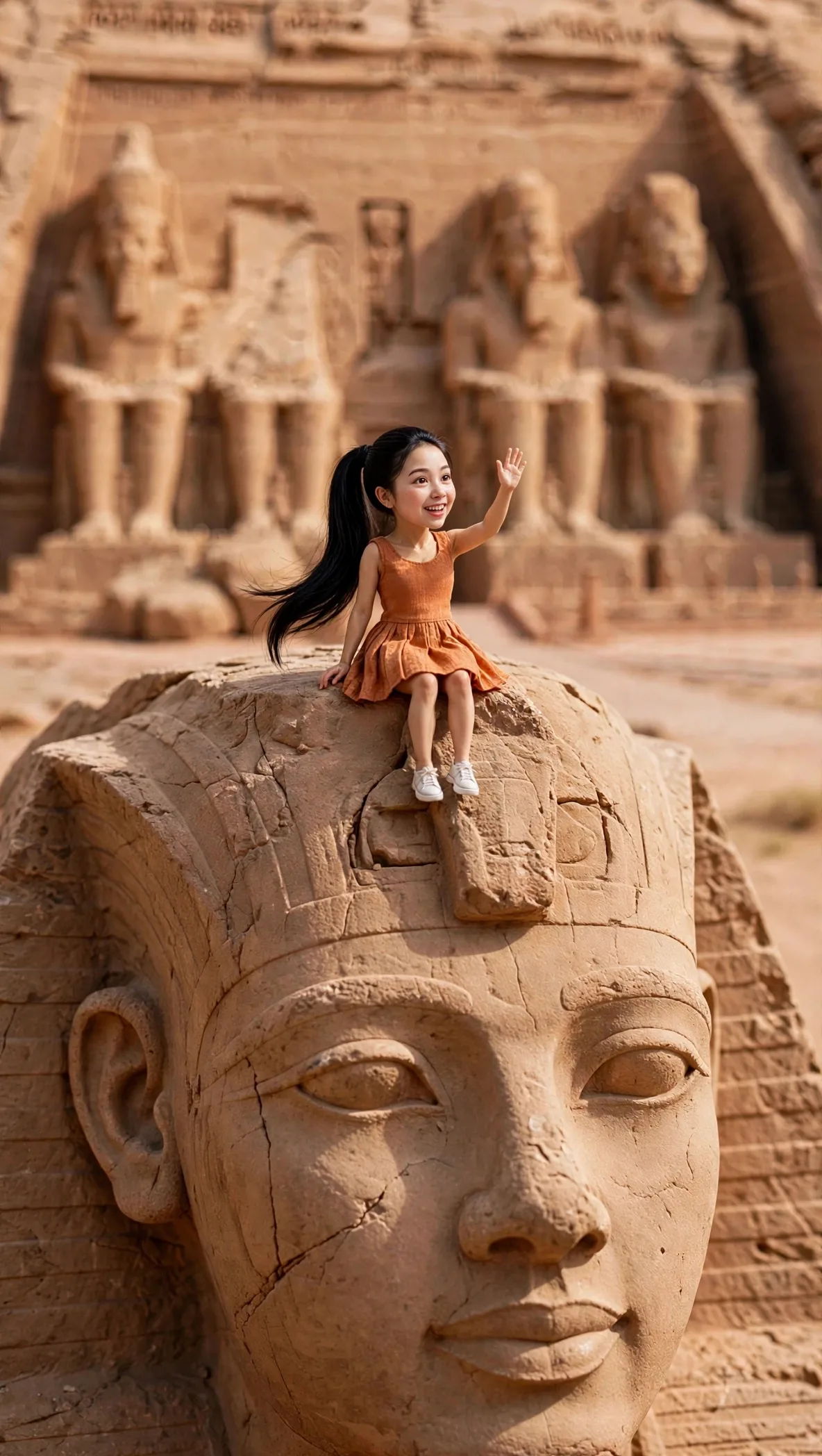 Zara seated at Abu Simbel with her complete face visible