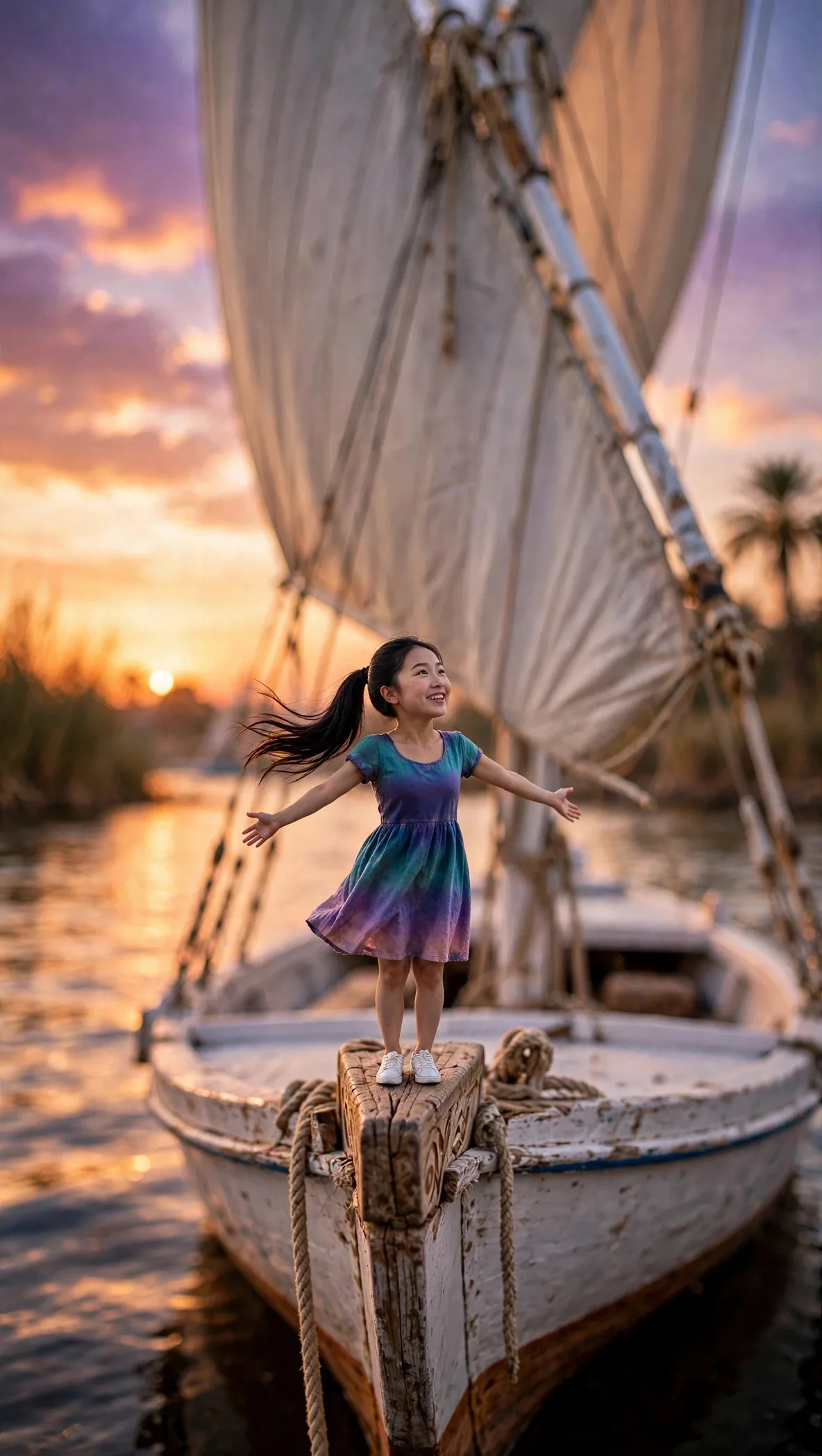 Zara standing on a Nile felucca at sunset with her full face in frame