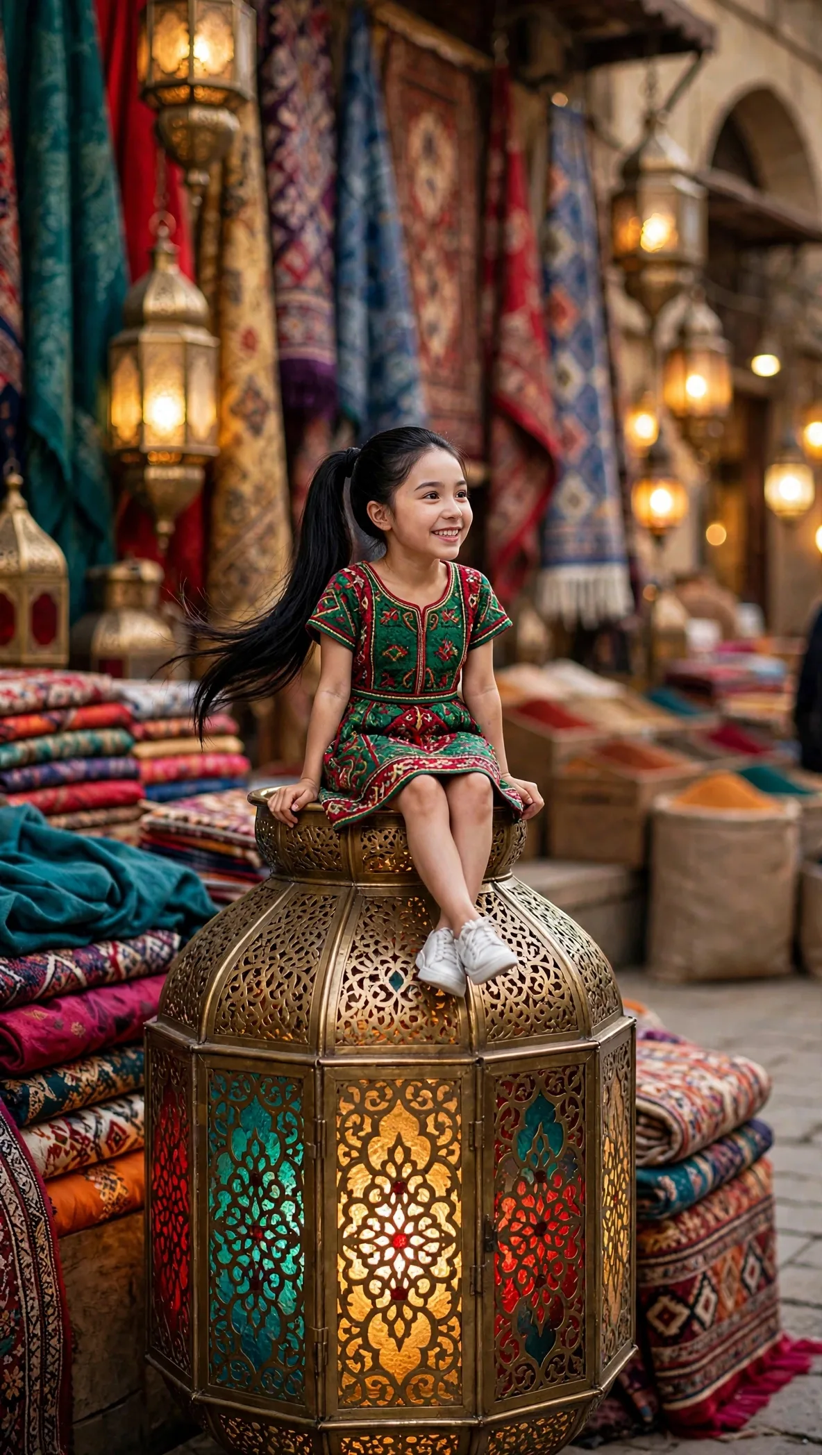 Zara seated on an ornate lantern in a Cairo bazaar with her full face visible