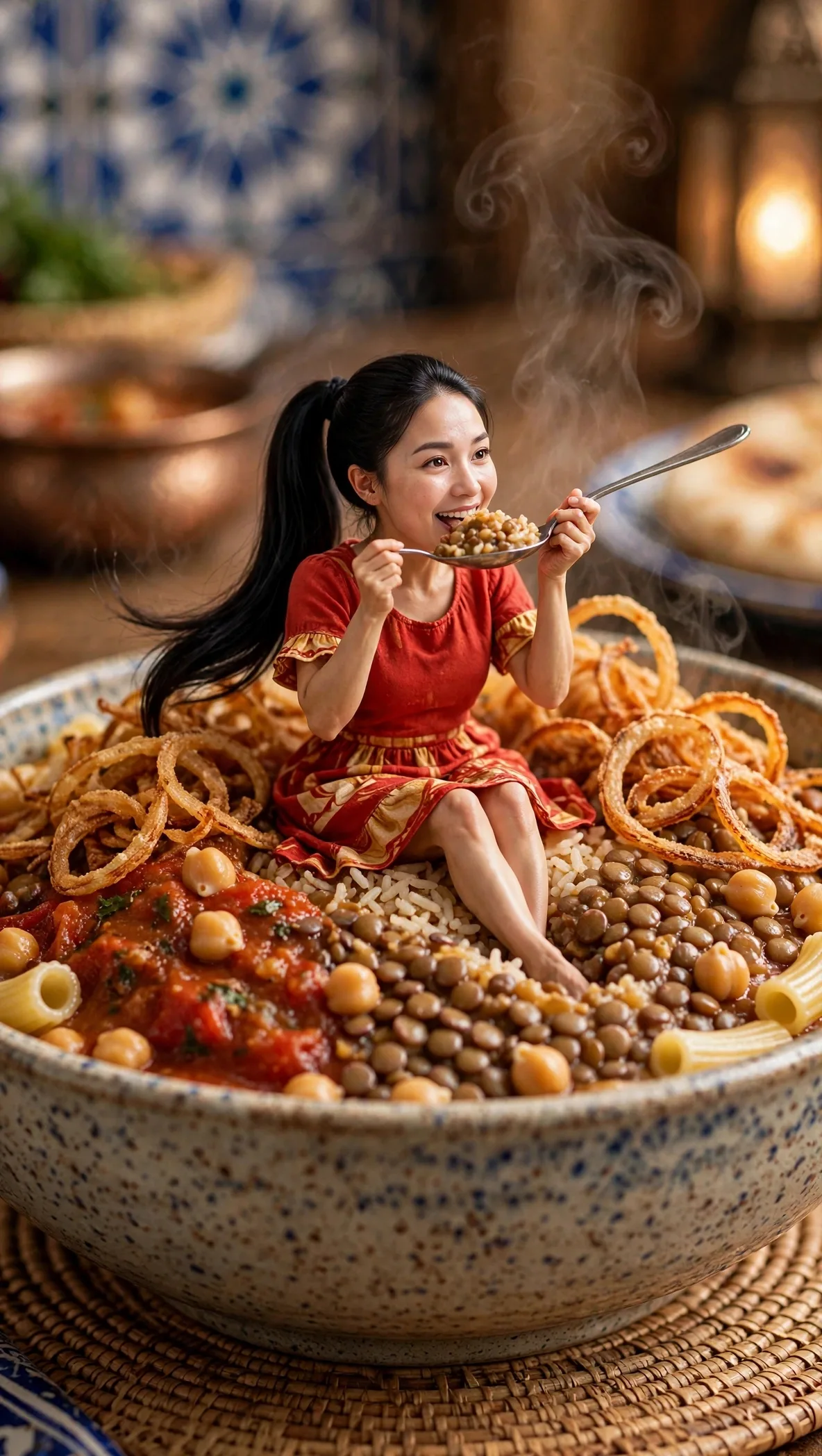 Zara sitting in an enormous bowl of koshari with her full face visible