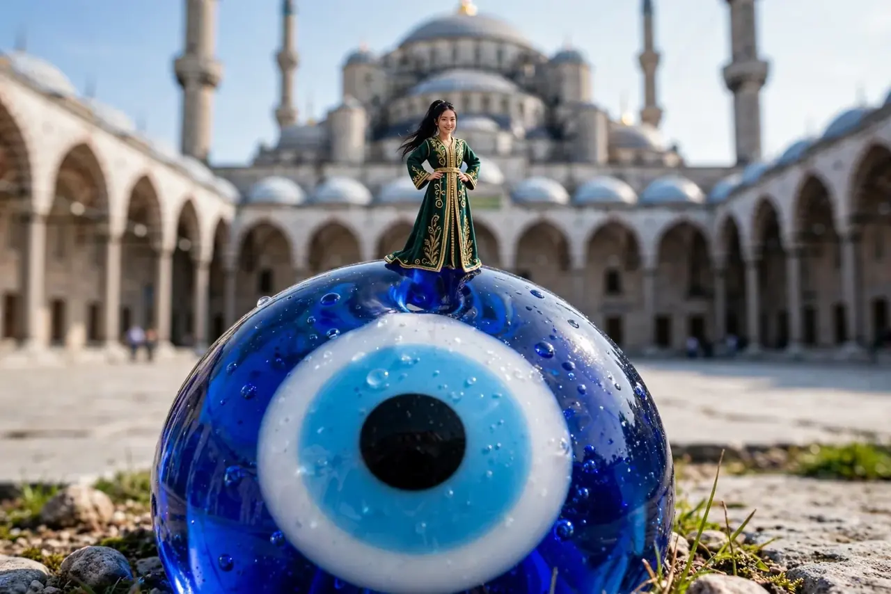 Tiny Zara beside a giant blue nazar charm with the Blue Mosque beyond