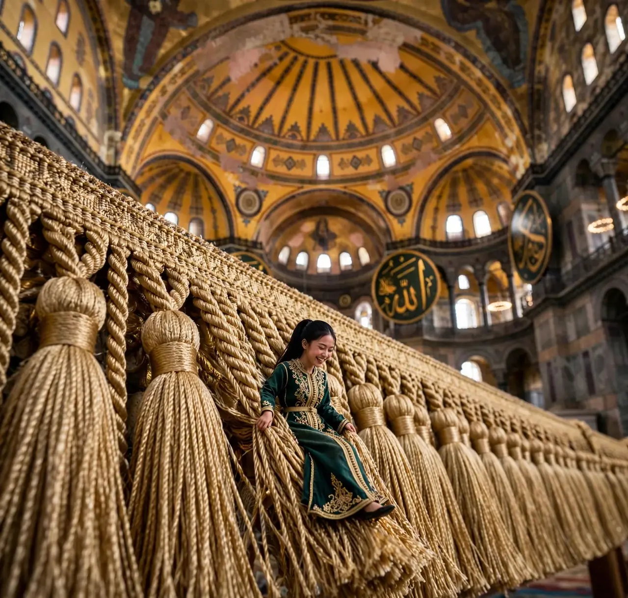Tiny Zara entering Hagia Sophia beneath its immense dome