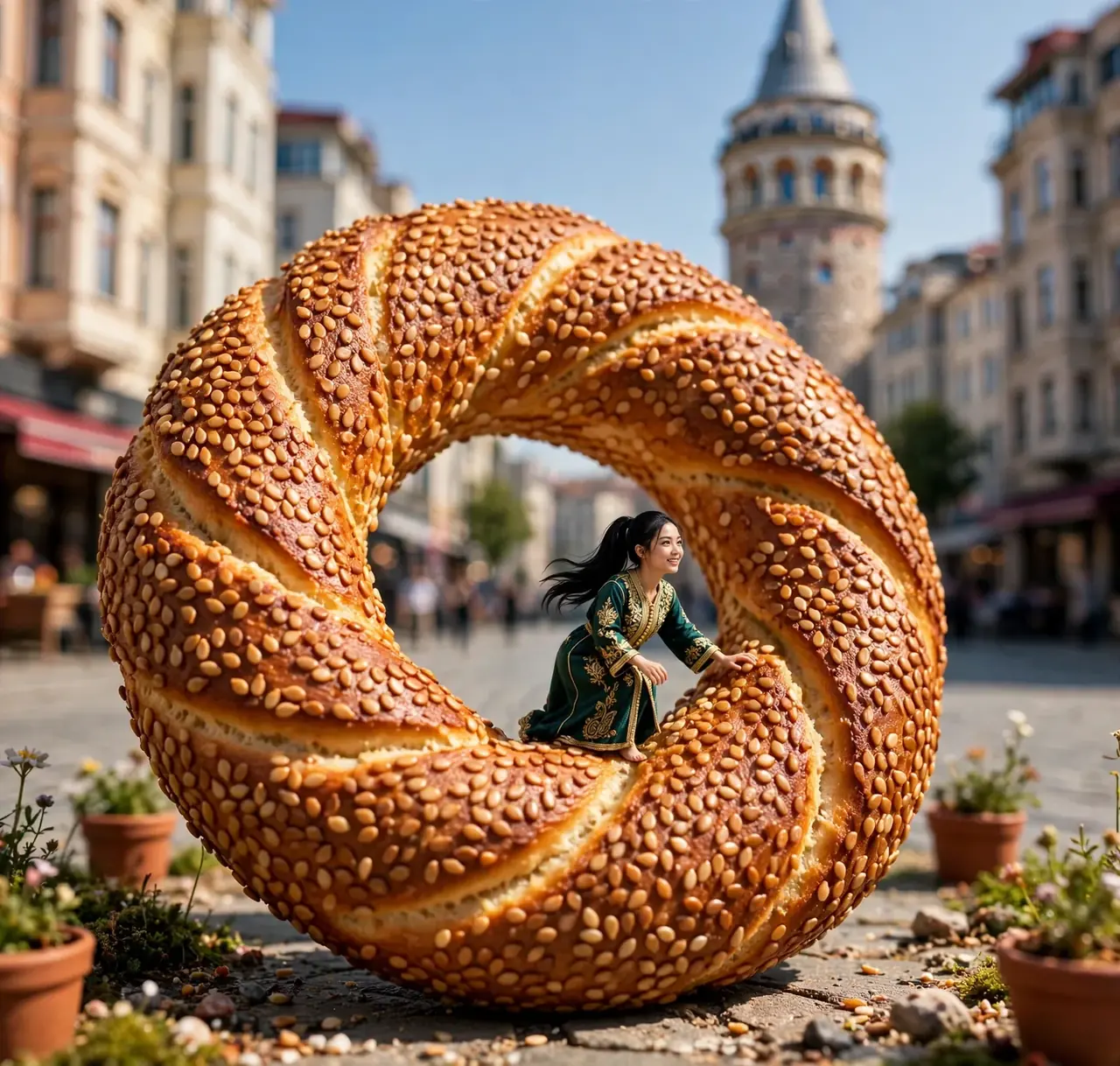 Tiny Zara climbing a giant simit near Galata Tower