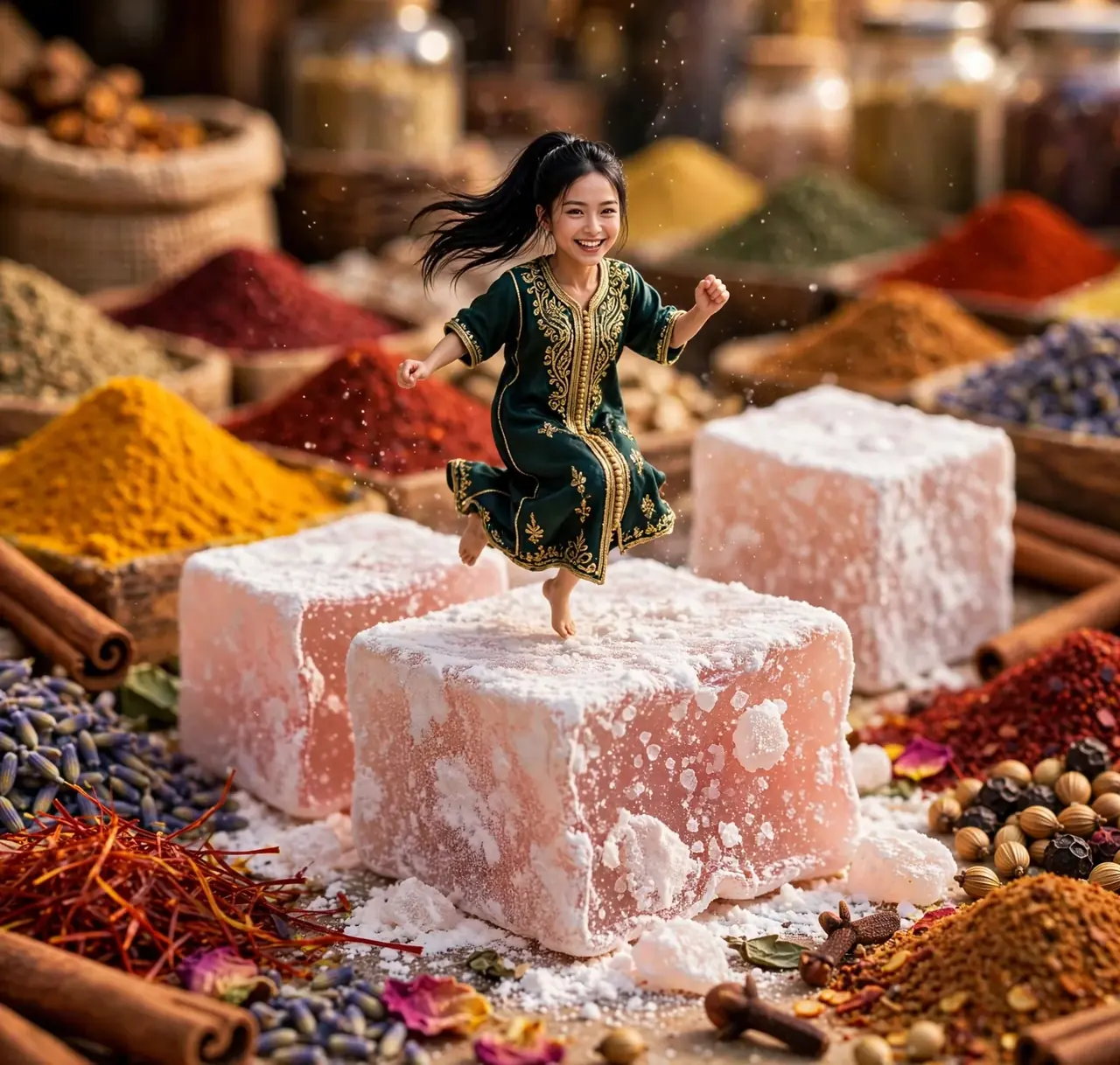 Tiny Zara among towering trays of Turkish delight in the Spice Bazaar