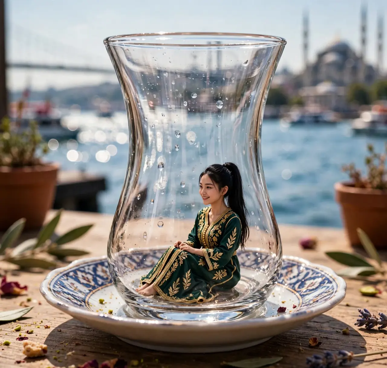 Tiny Zara sitting inside a giant tulip-shaped Turkish tea glass