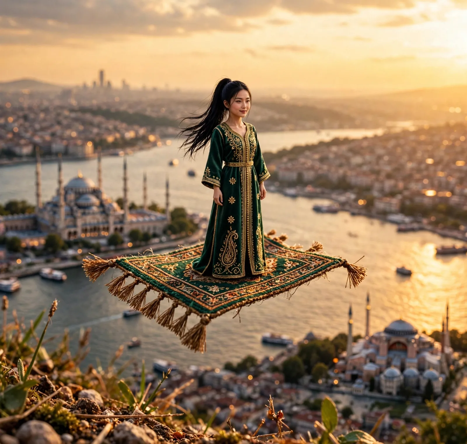 Tiny Zara over Istanbul's Bosphorus at golden hour, with Hagia Sophia and the Maiden's Tower below