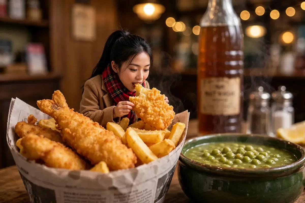 Tiny Zara tasting a chip crumb from a giant newspaper cone of fish and chips