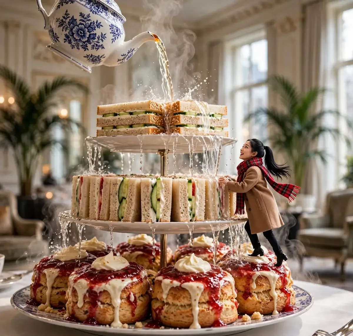 Tiny Zara climbing a giant three-tiered afternoon tea stand