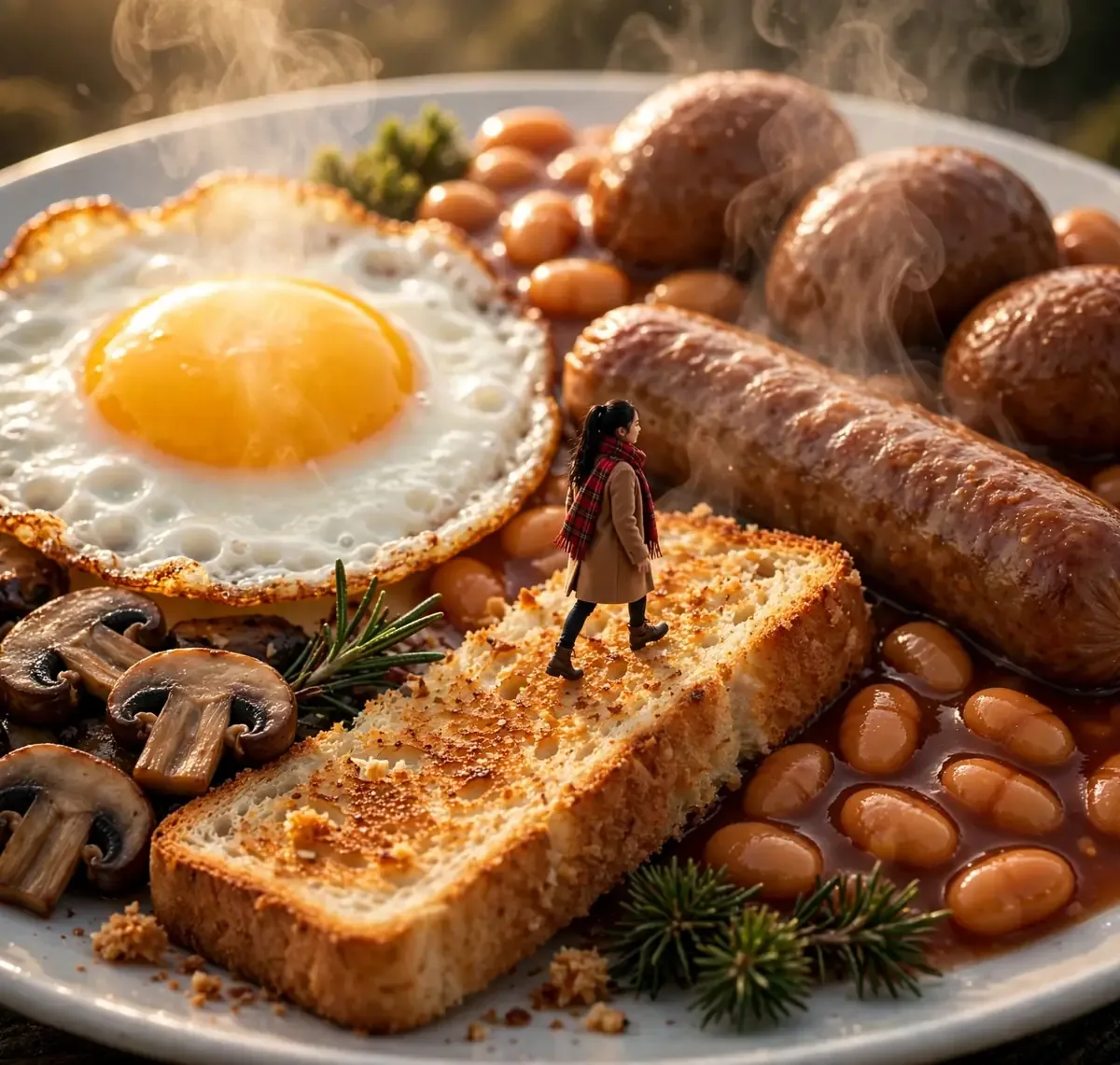 Tiny Zara hiking across a giant full English breakfast