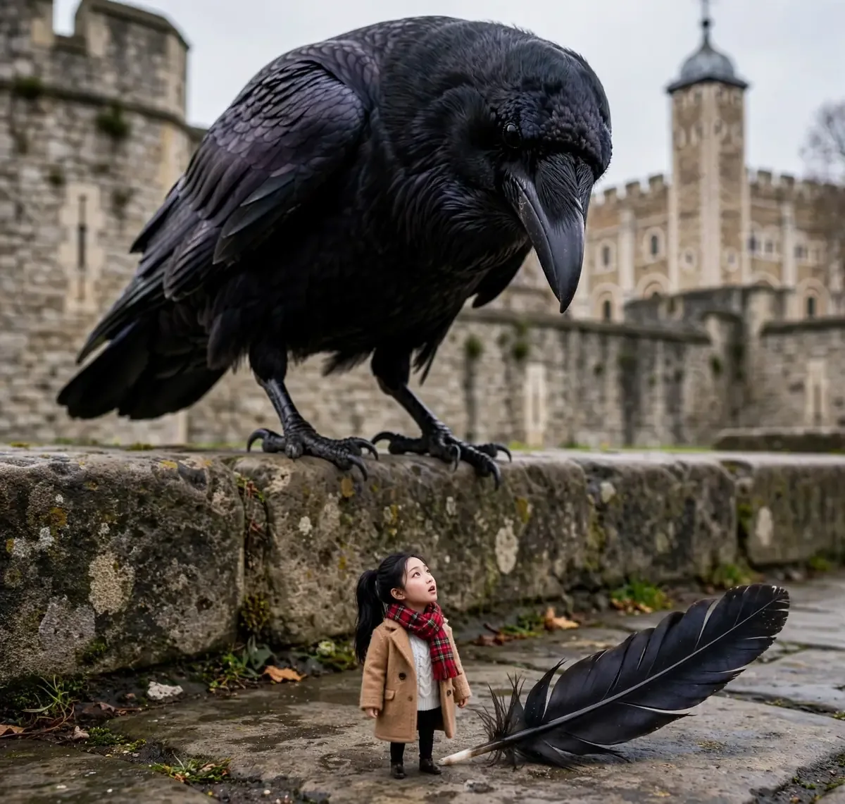 Tiny Zara at the Tower of London with a raven