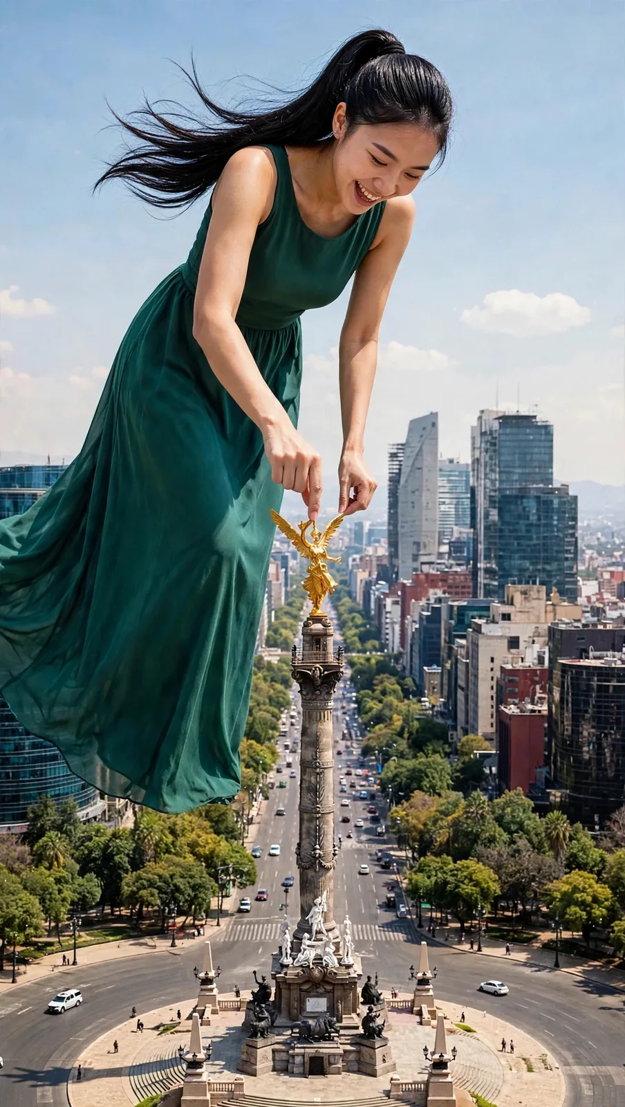 A giant Zara reaching down to the Angel of Independence above Paseo de la Reforma