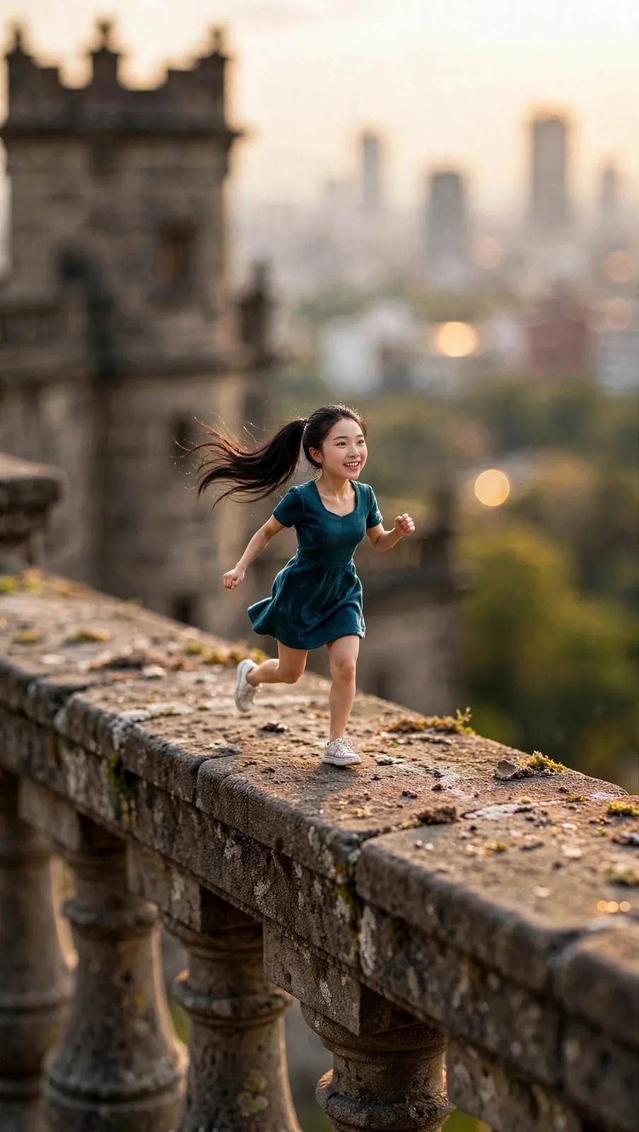 Tiny Zara running along the balustrade of Chapultepec Castle