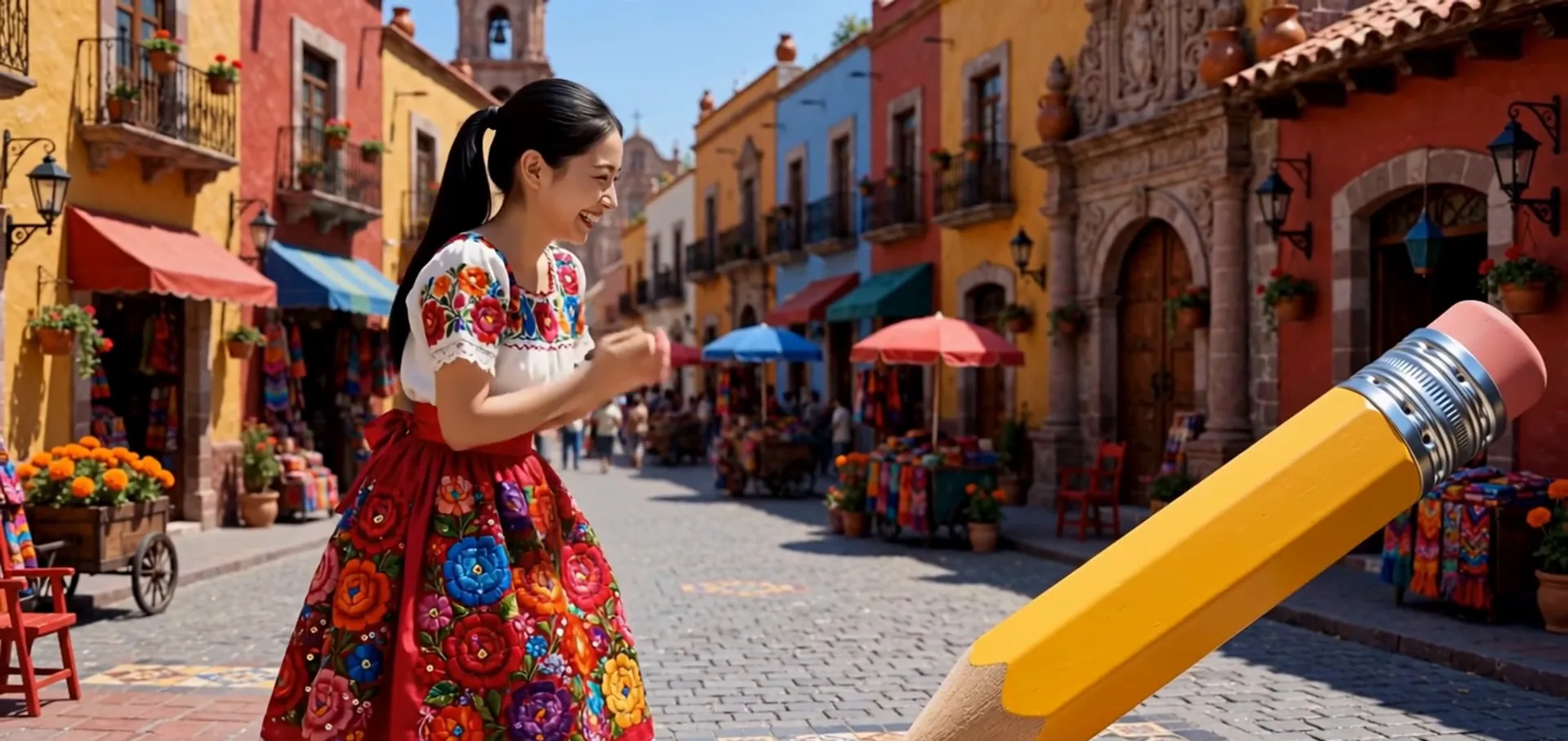 Zara in her china-poblana dress on a colorful street beside a giant pencil