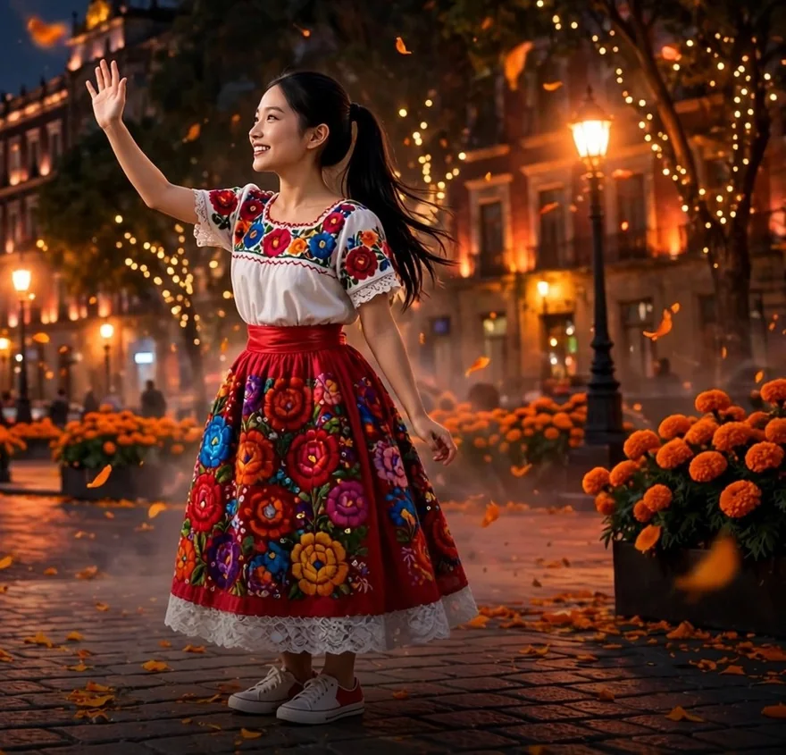 Tiny Zara waving in an embroidered Mexican dress at the Zócalo at night, marigolds all around