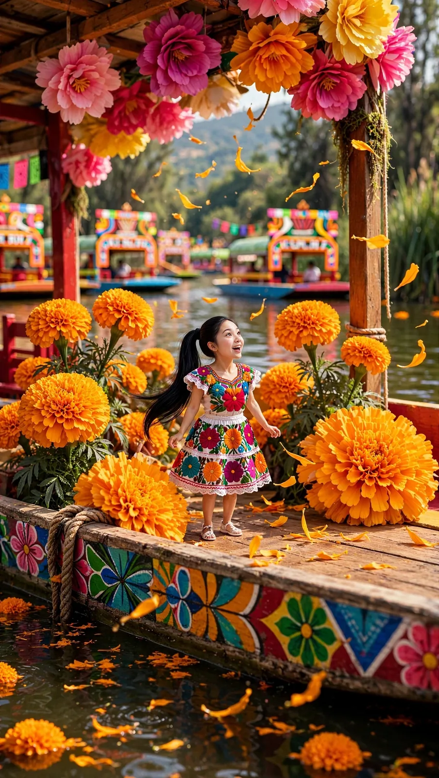 Tiny Zara on a flower-covered trajinera in Xochimilco