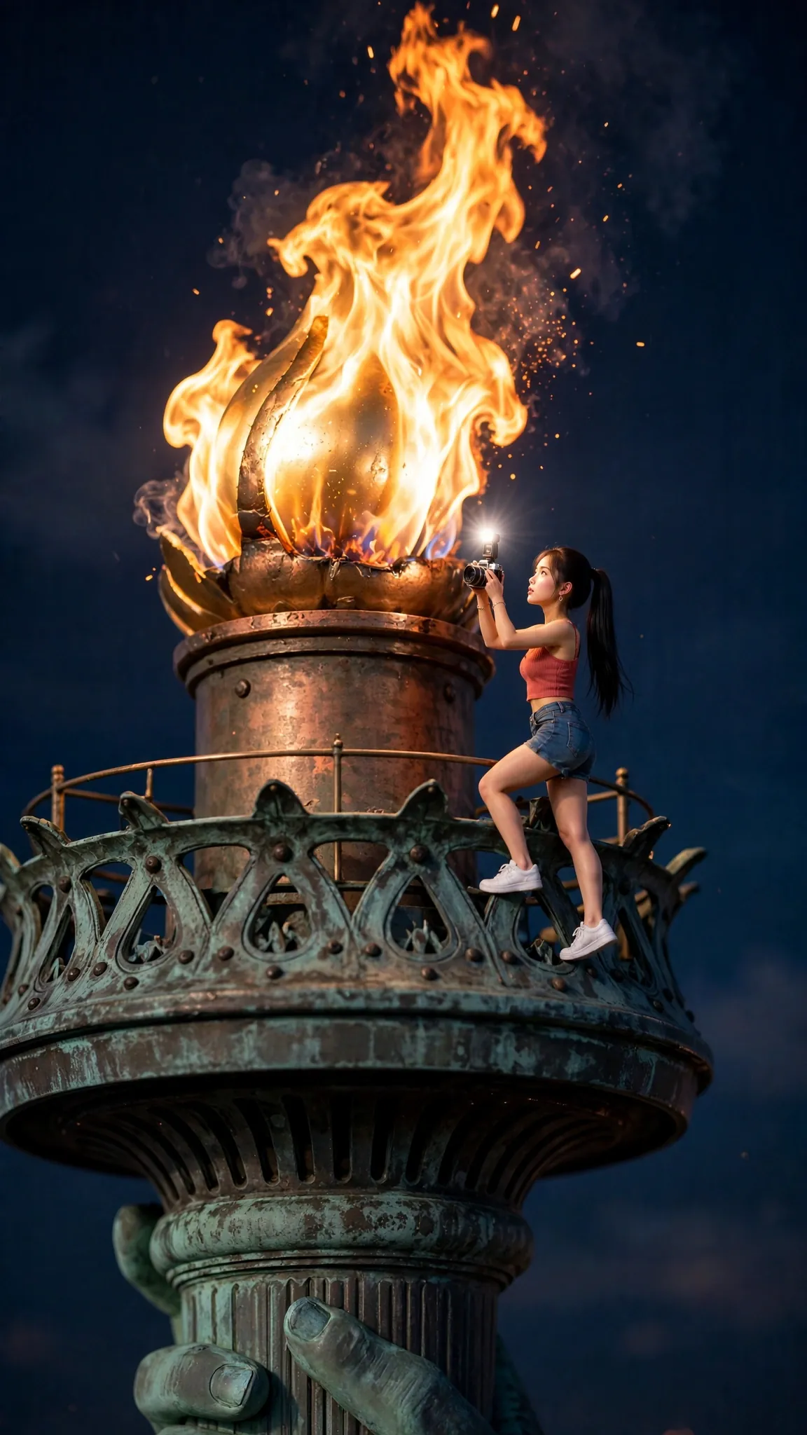 Tiny Zara beside the giant flame of the Statue of Liberty's torch