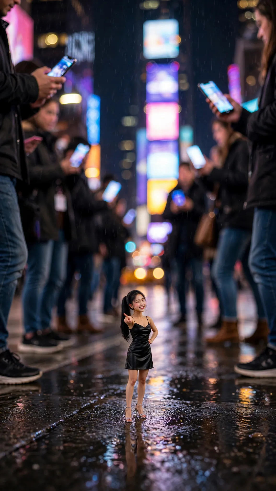 Tiny Zara in a black satin dress leading the Zara Shuffle as New Yorkers film her in Times Square