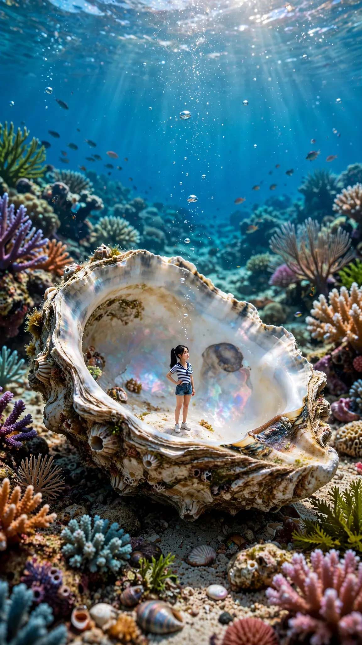 Tiny Zara standing inside a giant oyster shell beneath the water