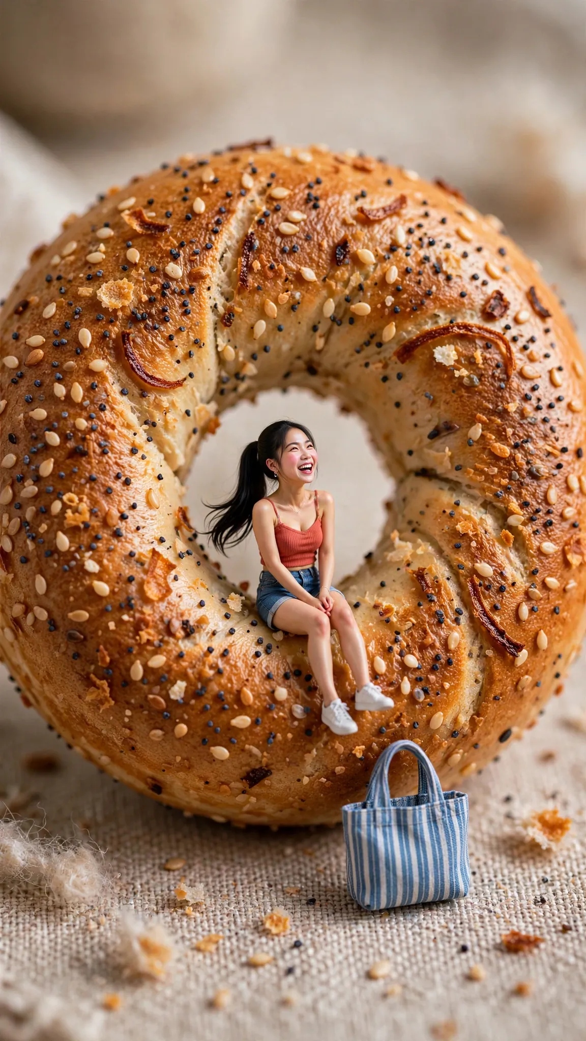 Tiny Zara sitting inside the hole of a giant seeded bagel