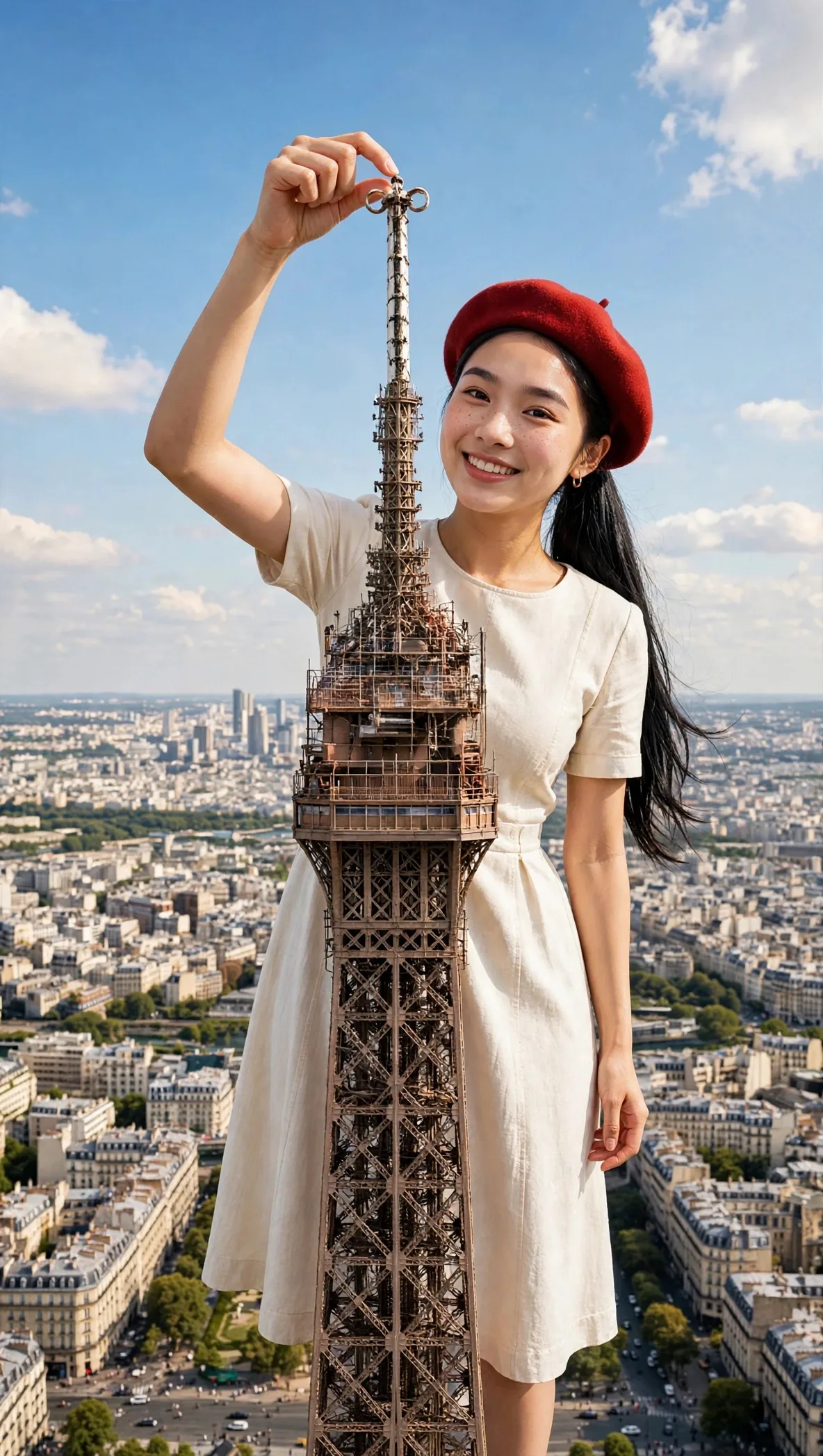Zara in a red beret posing beside the Eiffel Tower