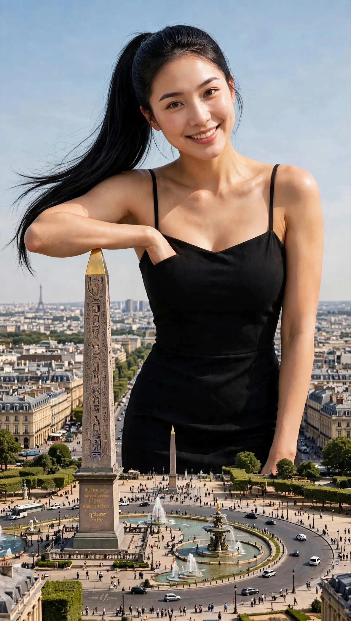 Zara leaning beside the Luxor Obelisk at Place de la Concorde