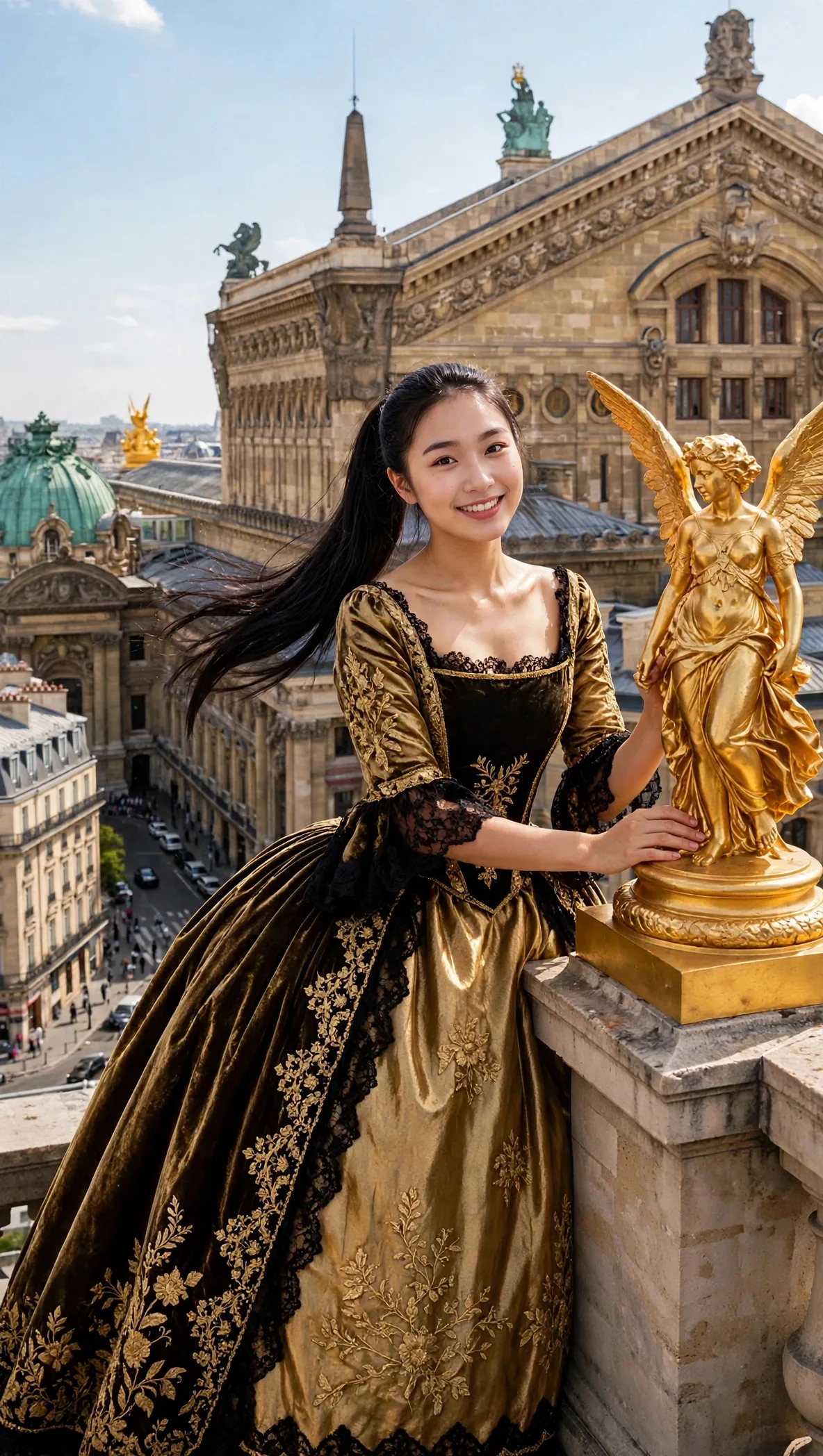Zara looking across the ornate Palais Garnier in Paris