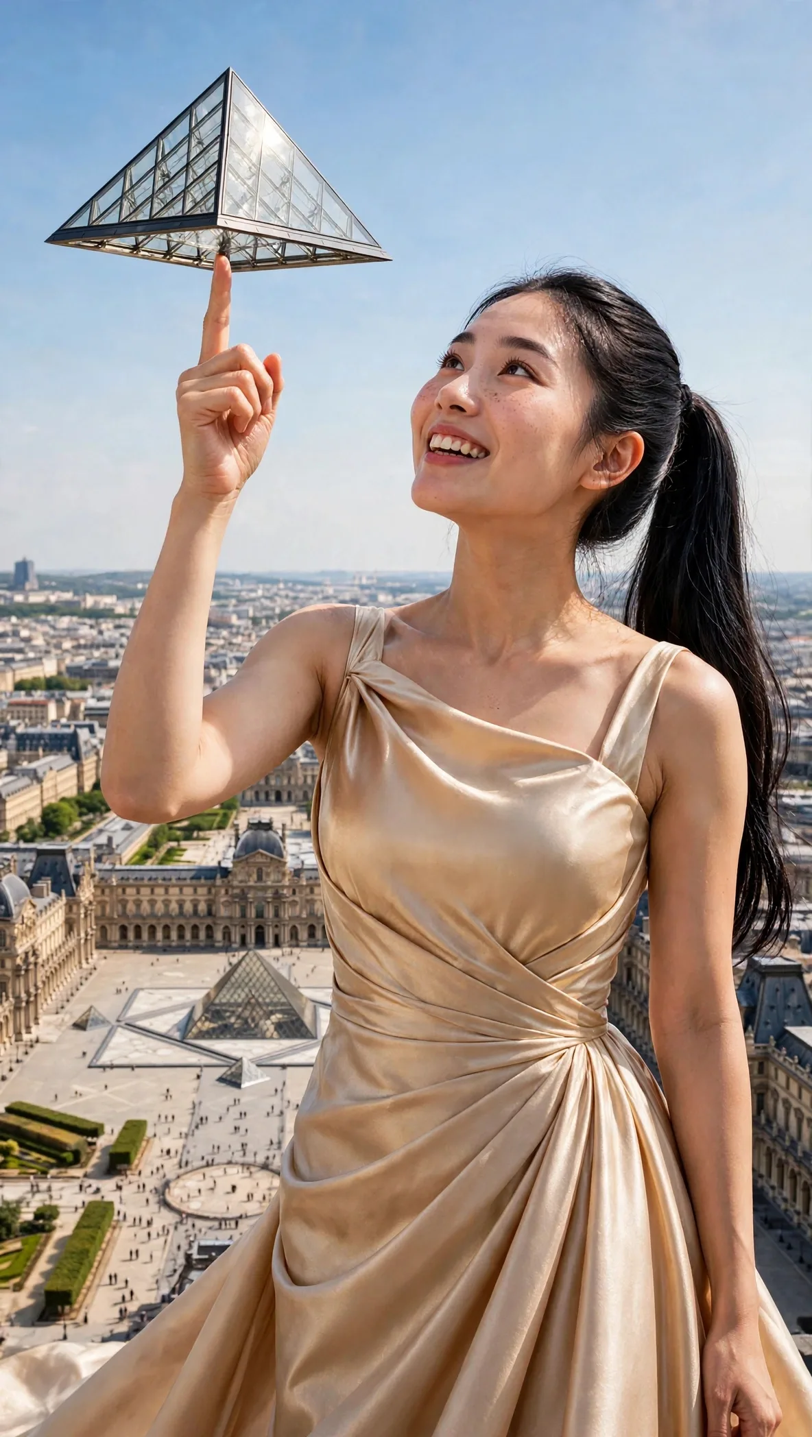 Zara beside the glass Louvre Pyramid