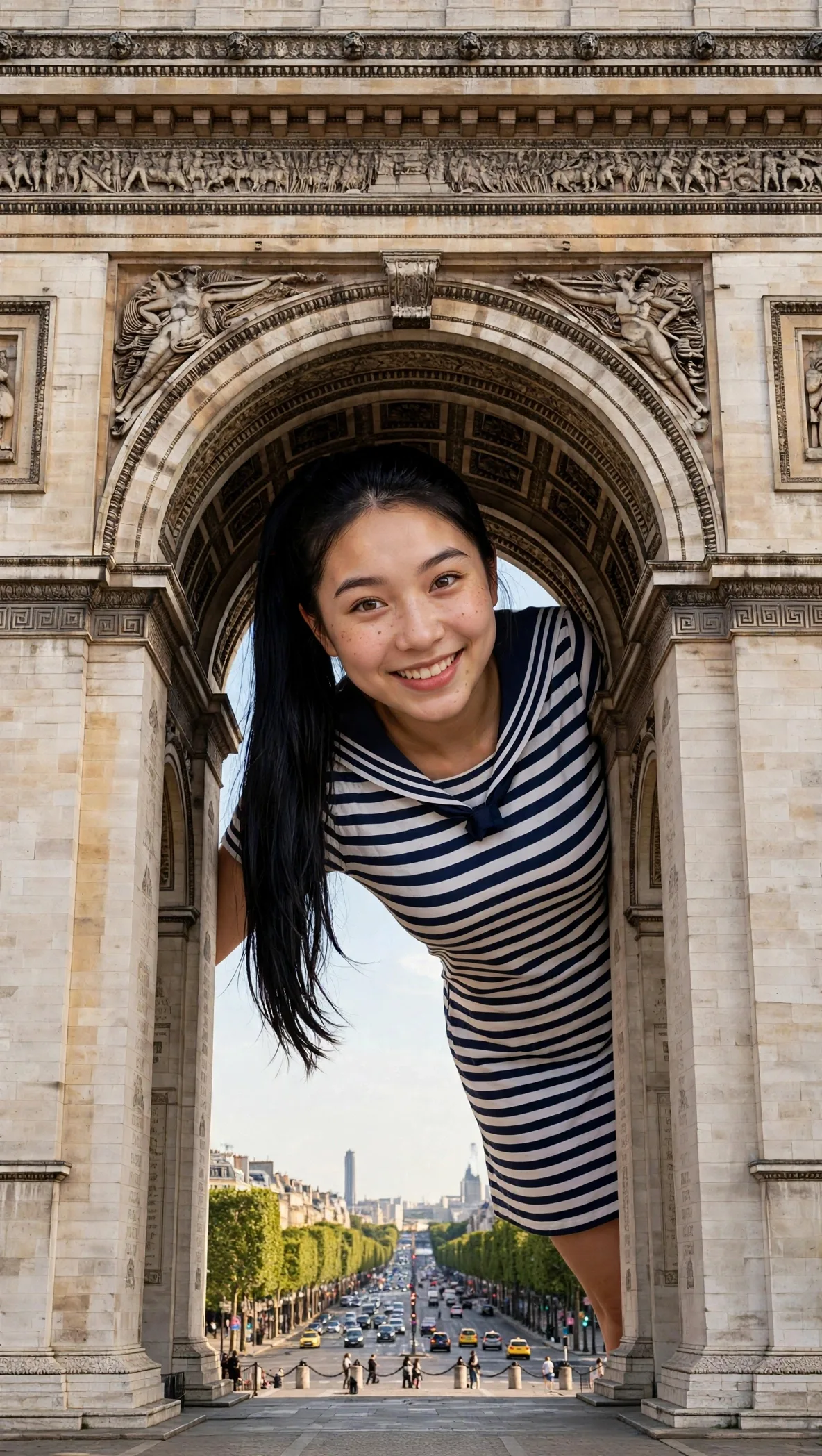 Zara peering through the Arc de Triomphe